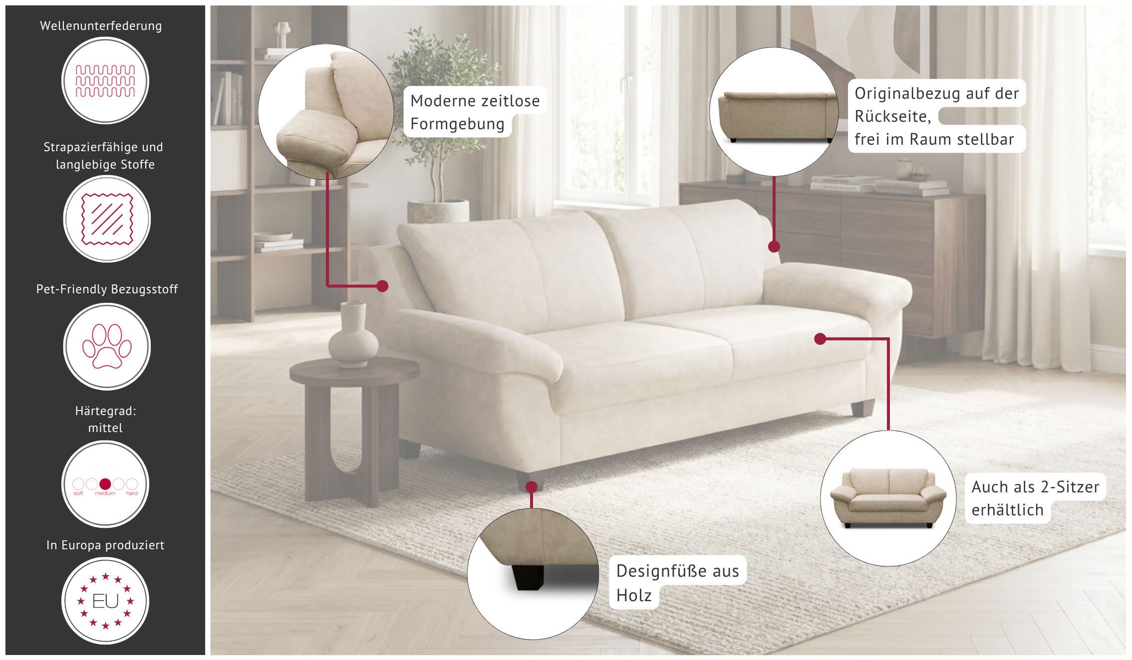 OTTO home 3-Sitzer Sillkeborg 207 cm, formschönes Sofa mit dunklen Füßen, aus haustierfreundlichem Pet Friendly Bezug – Bild 3 von 5