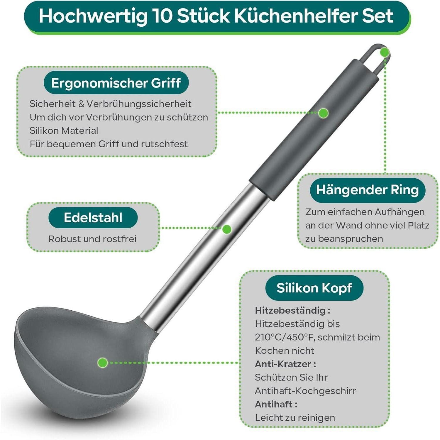 LuxusKollektion Kochbesteck-Set Küchenhelfer Silikon 10teilig Edelstahlgriff Hitzebeständig Grau