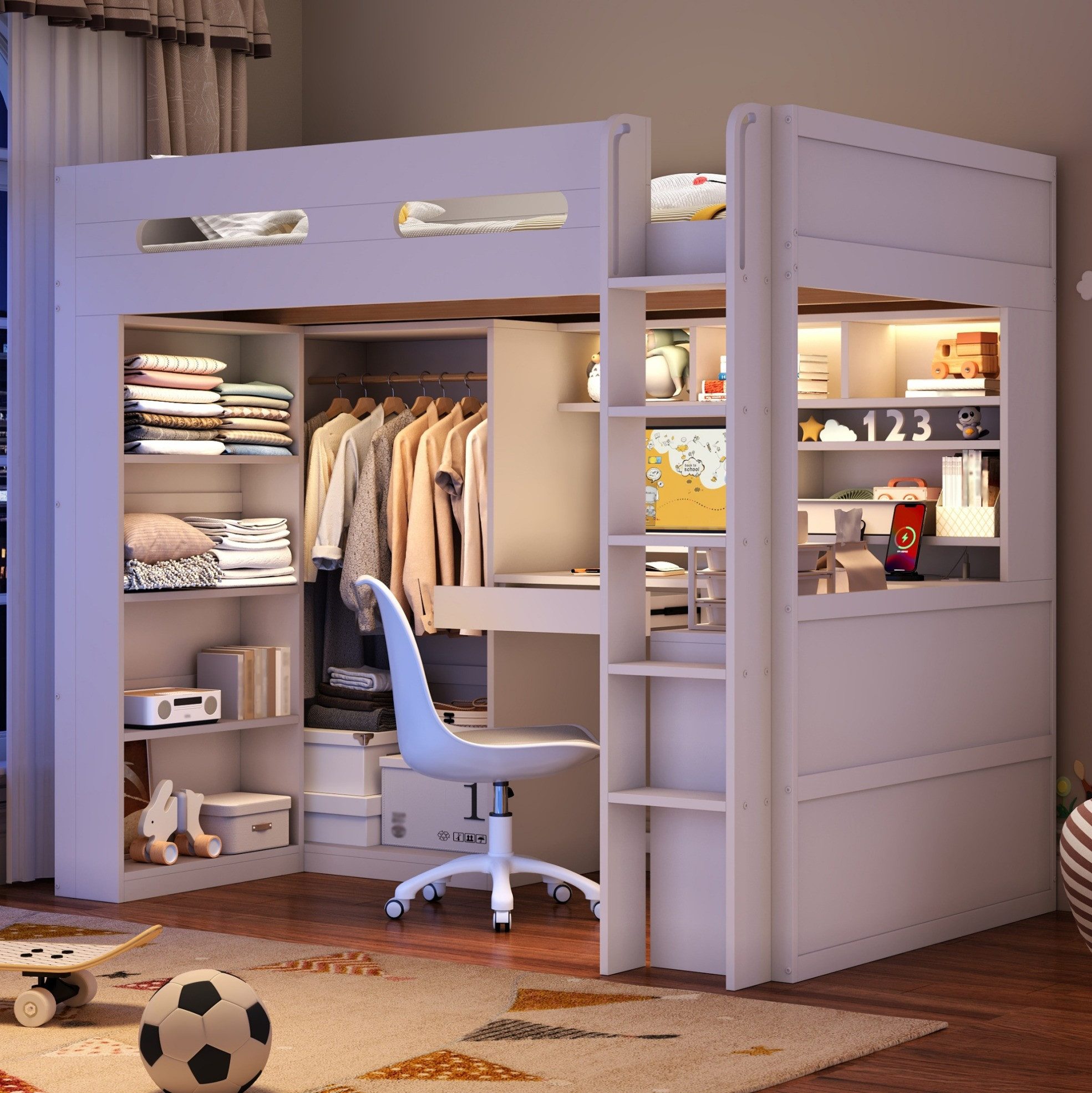 OKWISH Hochbett Etagenbett mit Schublade und mehreren Regalböden für Stauraum (Packung, 1-St., Schlafbett mit LED Beleuchtung und USB Anschluss ohne Matratze) Kinderbett 90x200 cm Weiß mit Schreibtisch und Kleiderschrank