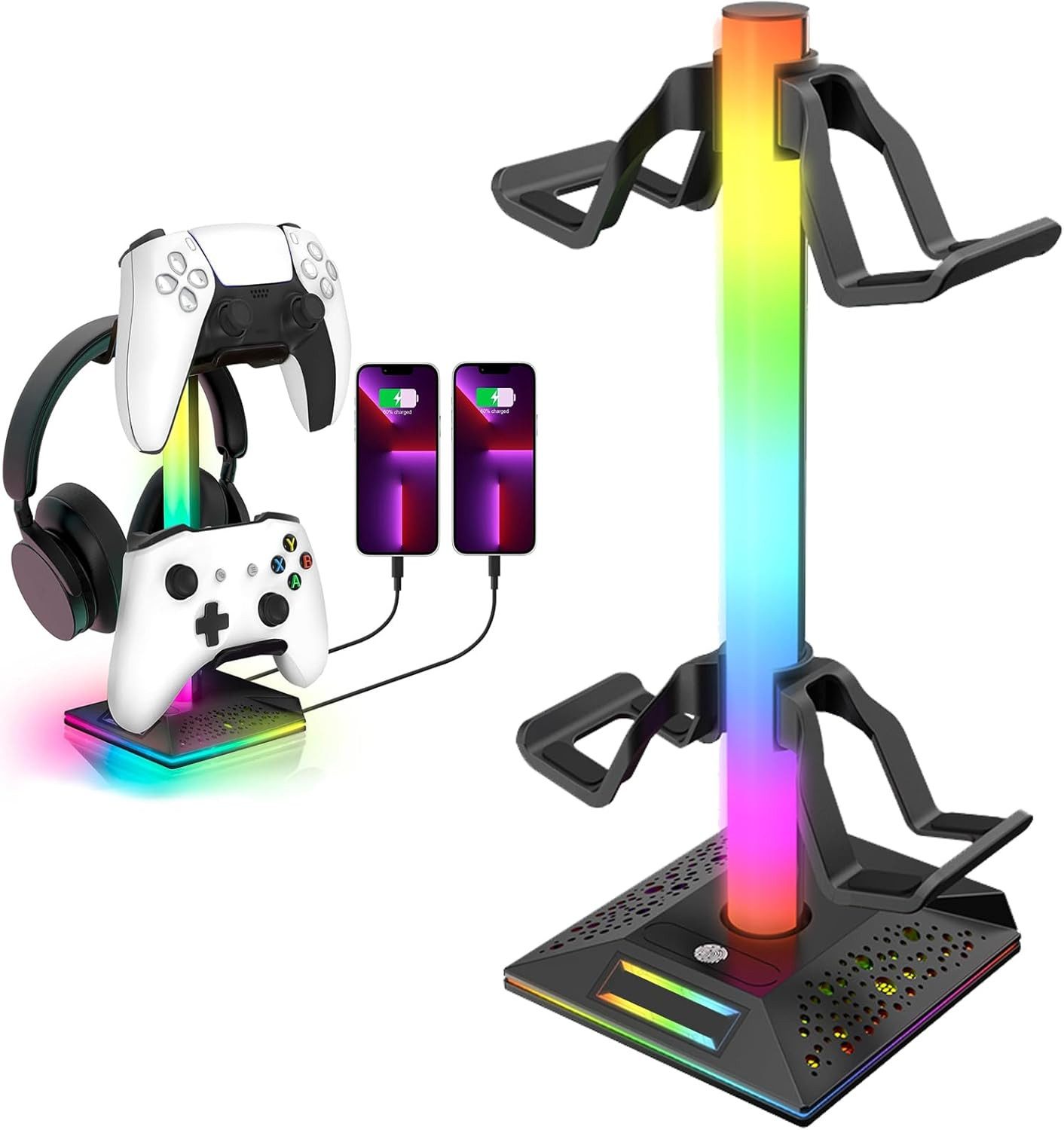 AURIVION RGB Kopfhörerständer mit 10 Leuchtmodi für Gaming Controller (Set, 3 St., Gaming Headset Halter mit 2 USB & 1 USB-C Anschluss)