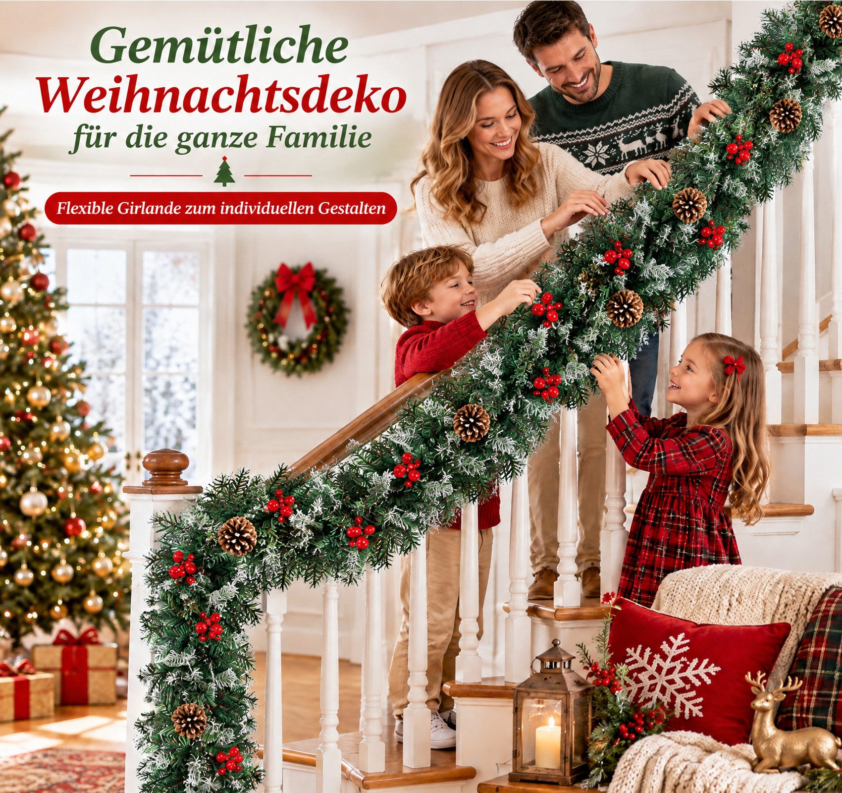Kunstgirlande Weihnachtsgirlande 2.7M, mit Tannenzapfen und Rote Beere, ElitVita, Tannengirlande für Treppen Kamin Haustür Outdoor Weihnachten Deko – Bild 3 von 5