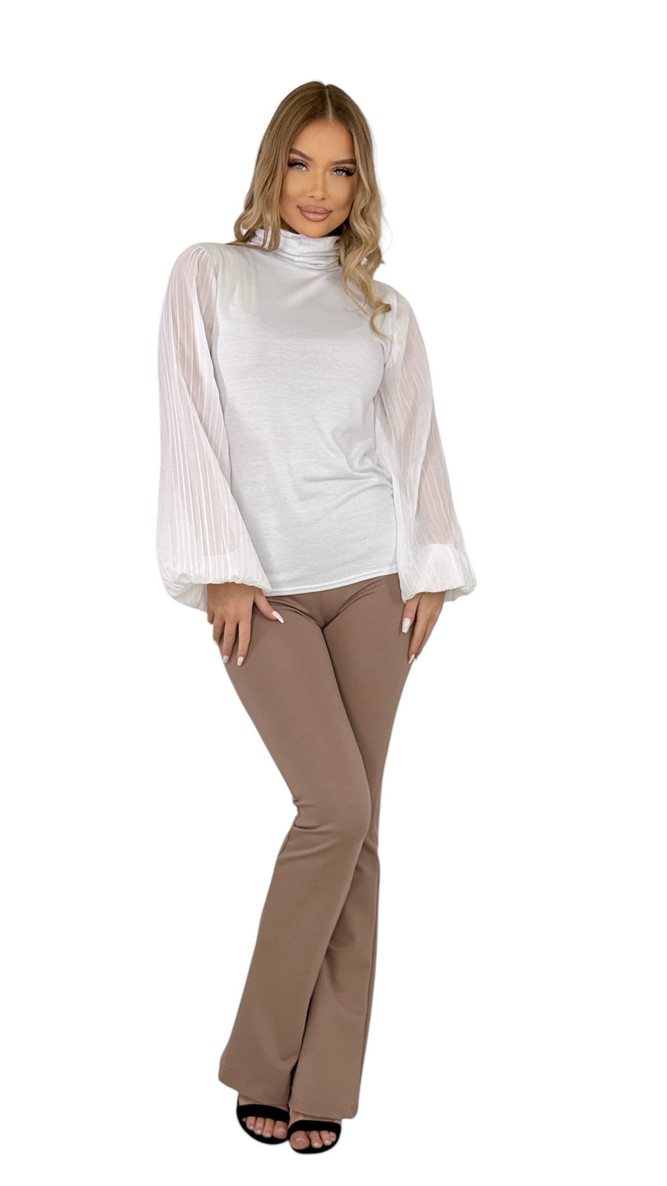 Mississhop Langarmbluse Damen Bluse Chiffon Rollkragen mit plissierten Ärmeln M.134 – Bild 3 von 5