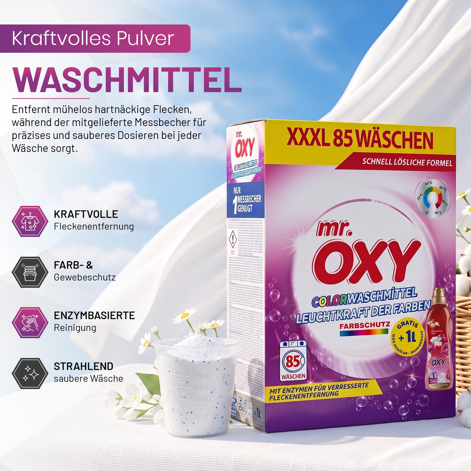 Roxlin Mr. OXY Waschmittel Set XXXL 85 Wäschen 5,1 KG + GRATIS 1L Weichspüler Colorwaschmittel