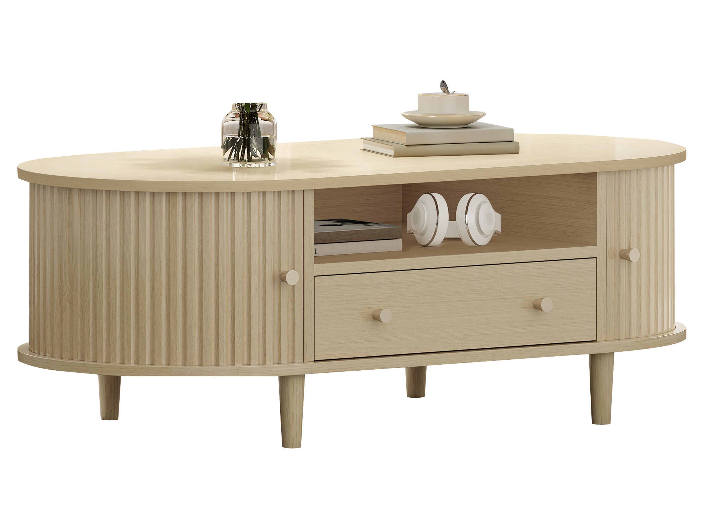 SeedWave Couchtisch Ovaler Sofatisch 100cm Im Holzoptik, mit Schiebetüren, Stauraum, Schublade & offenen Fächer, Wohnzimmertisch mit stabilen Beinen