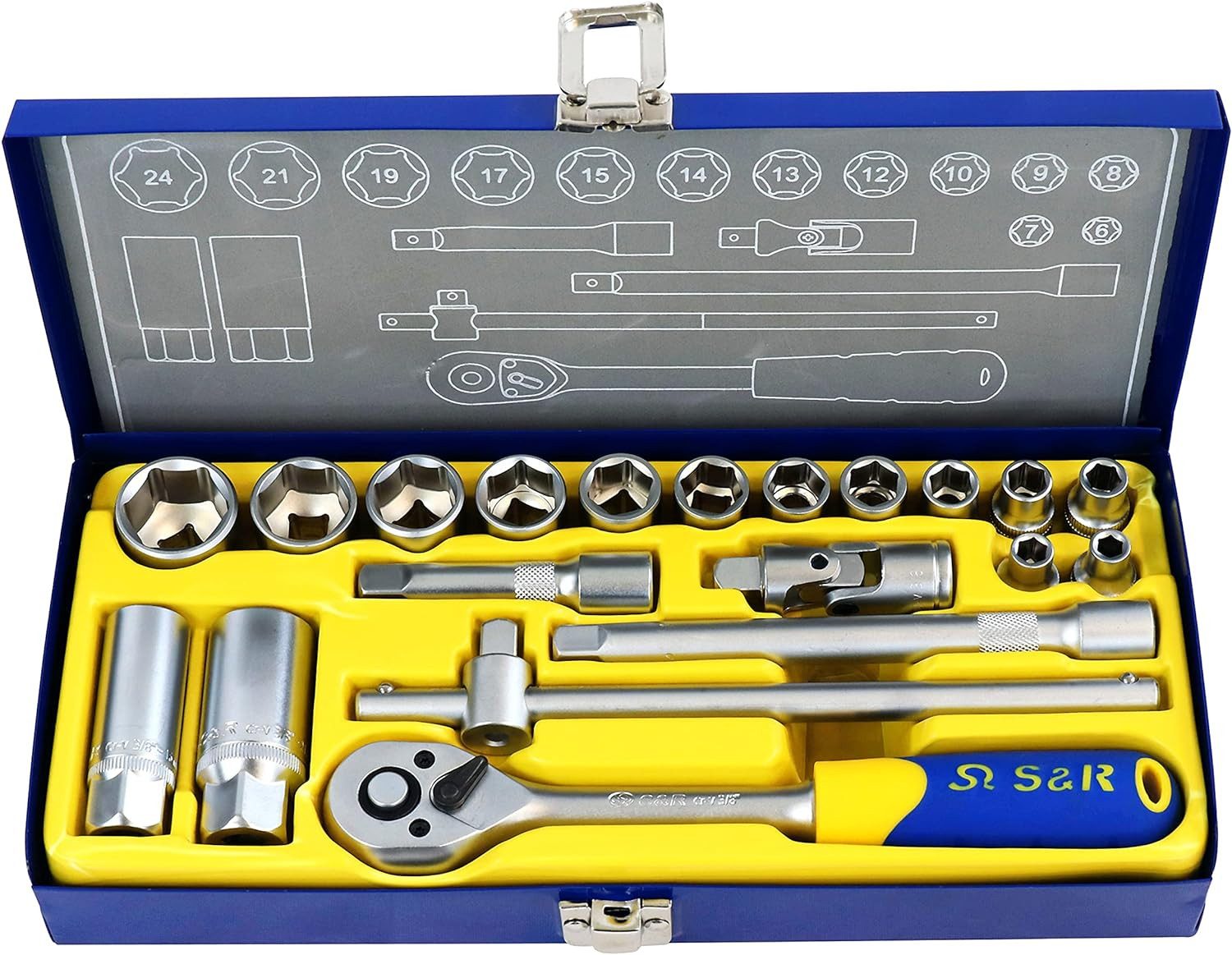 S&R Steckschlüssel - satz, 3/8" Lock-Drive Profil, in Metallbox, Knarrenkasten (Satz, 20-tlg), Steckschlüsselsatz auch für verrostete oder festsitzende Schrauben