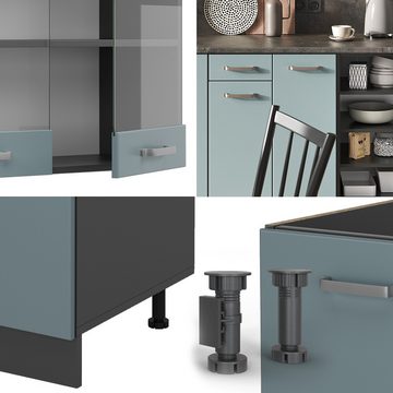 Livinity® Küchenzeile R-Line, Blau-Grau/Anthrazit, 240 cm, AP Eiche