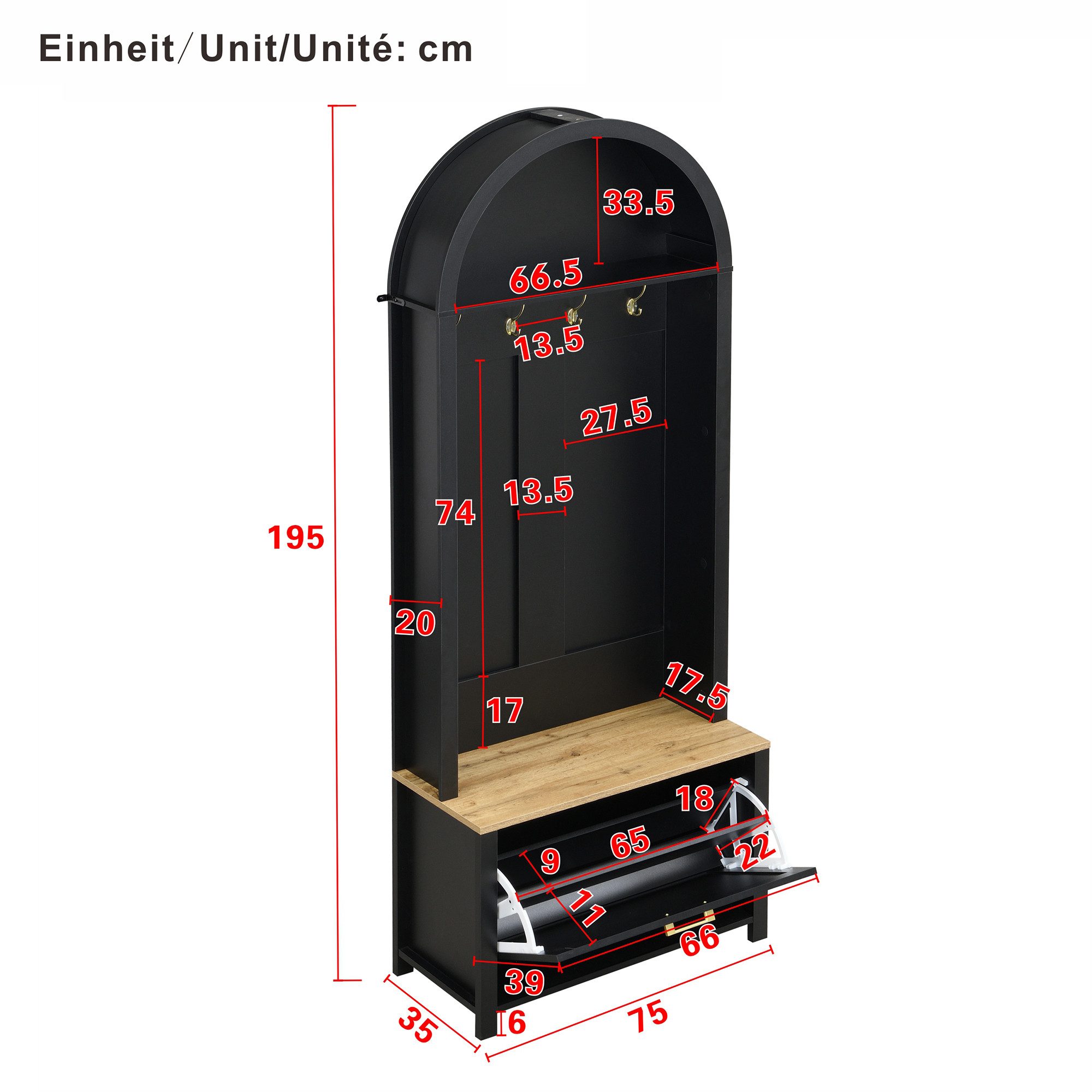 Yorbay Garderobe mit Schuhschrank & Hakenleiste, Moderner Hall Tree für den Flur (195 x 75 x 35 cm), Kompakter Garderobenschrank mit Ablage