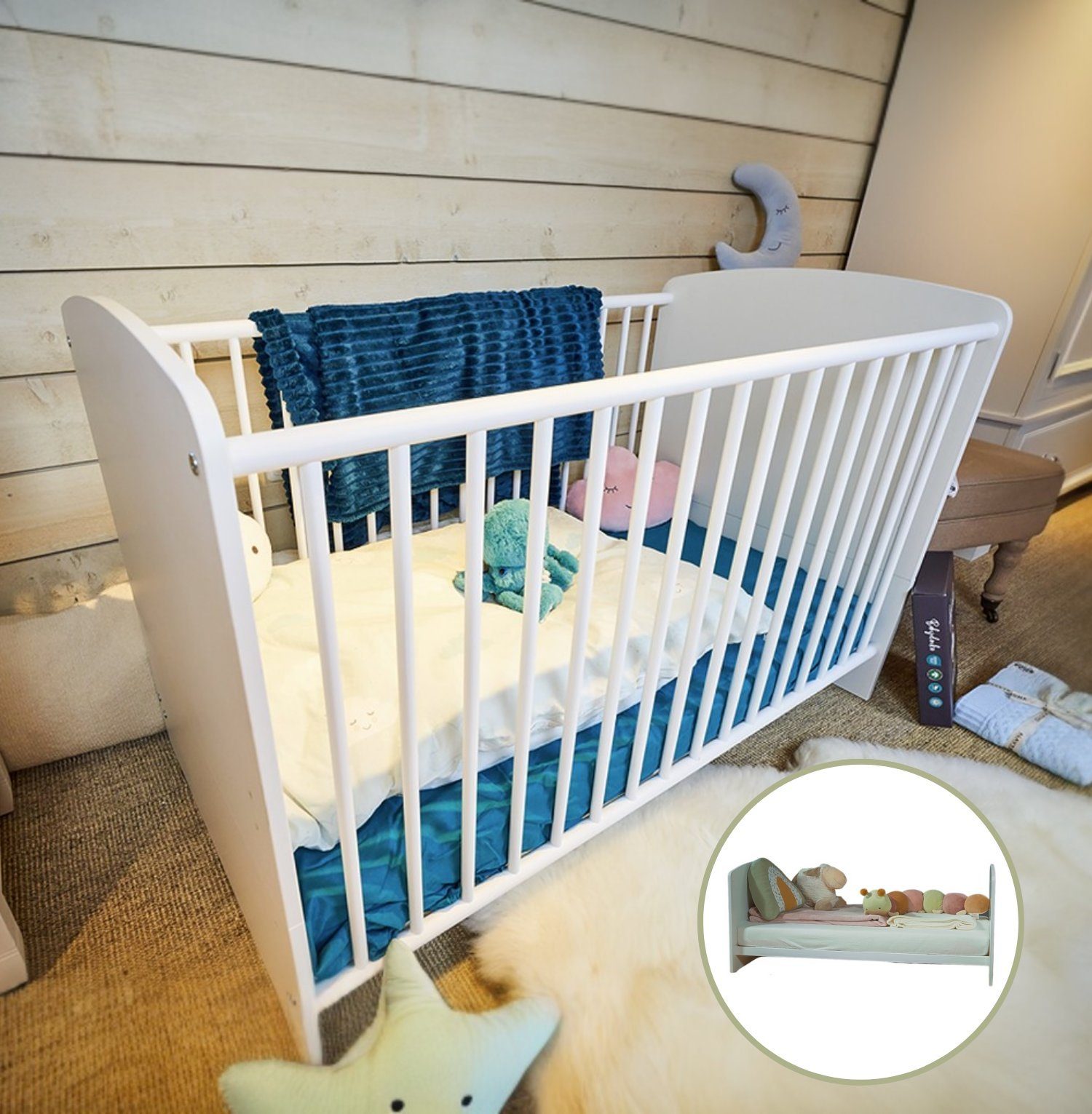 Matratze - Weiß Baumwolle Babybett Kinderbett Alavya Gitterbett I Bezug Kaltschaum höhenverstellbar, Umbaubares aus und 100% STORM Babybett Matratze mit inkl. 60x120 Home®