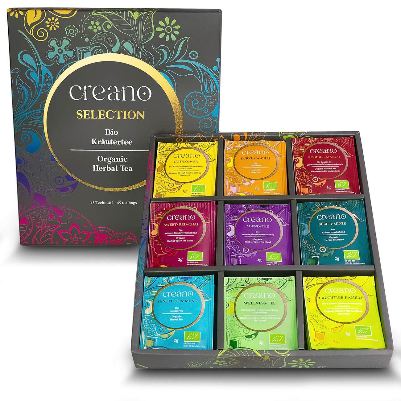 Creano BIO Teebeutel-Tee Geschenkset 45er Pack neue Version grau Im Teebeutel, 1 er 1 St., 0,09 g