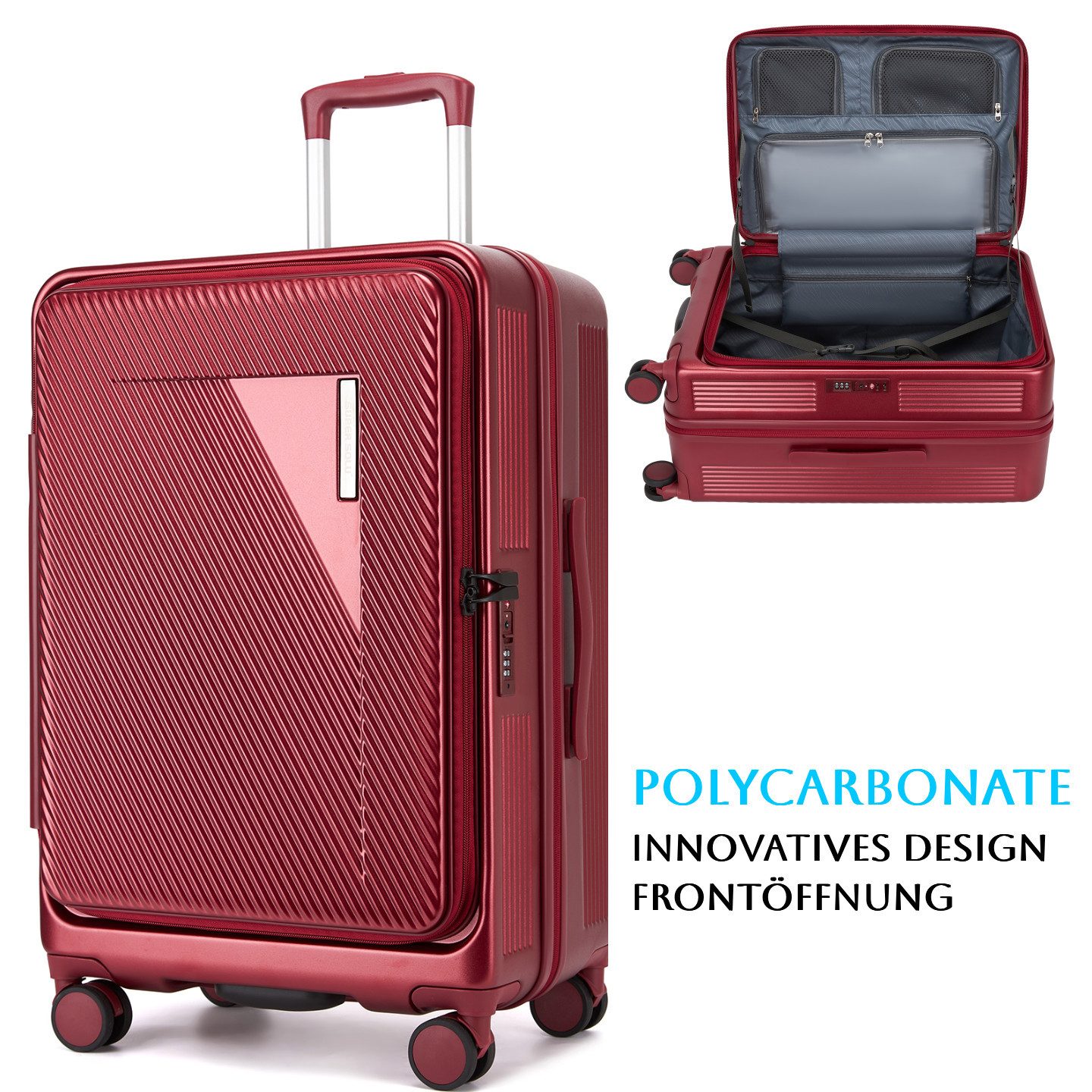 Super Solu Hartschalen-Trolley Erweiterbarer Reisekoffer mit Frontöffnung, Hartschalenkoffer 100% PC, 4 Rollen, 360° Doppelrollen, 28Zoll/76cm, Stoßfester Koffer mit TSA, Rot