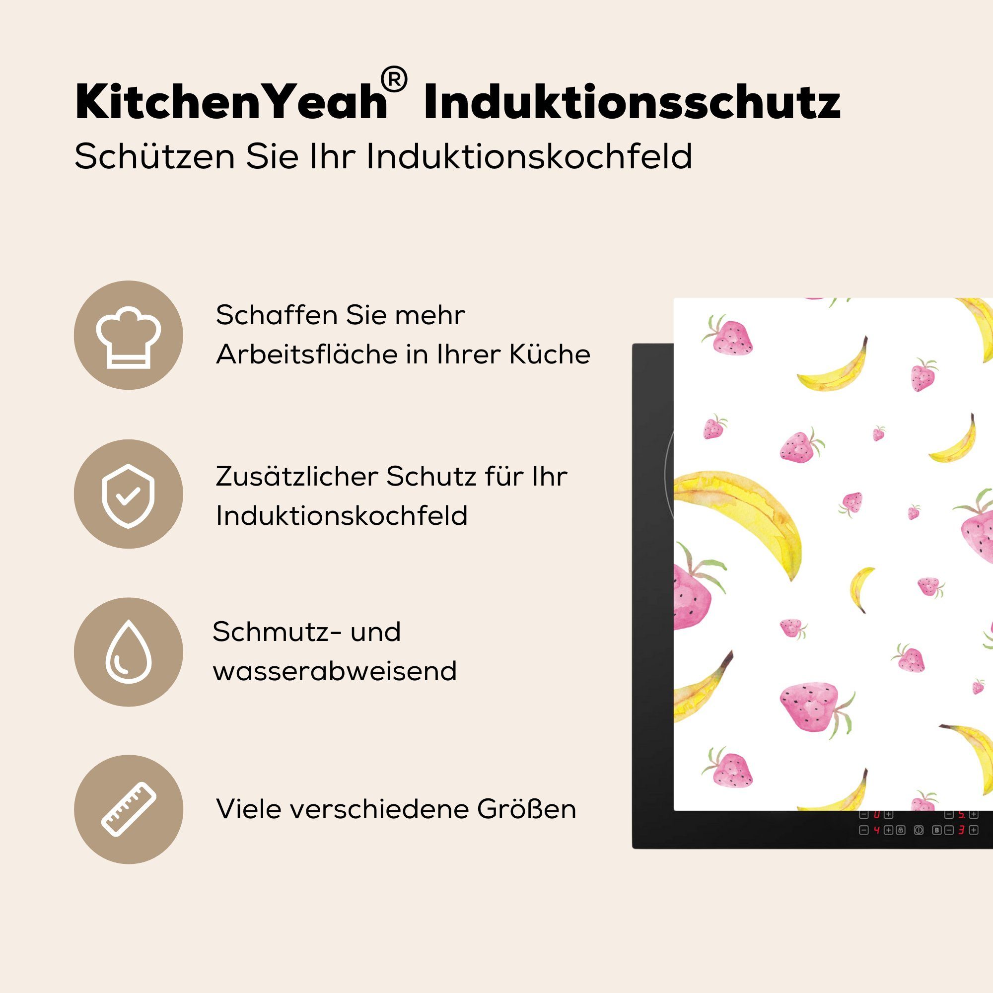 MuchoWow Herdblende-/Abdeckplatte Banane - tlg), für (1 cm, Vinyl, die Ceranfeldabdeckung - Induktionskochfeld Design, küche, 81x52 Erdbeere Schutz