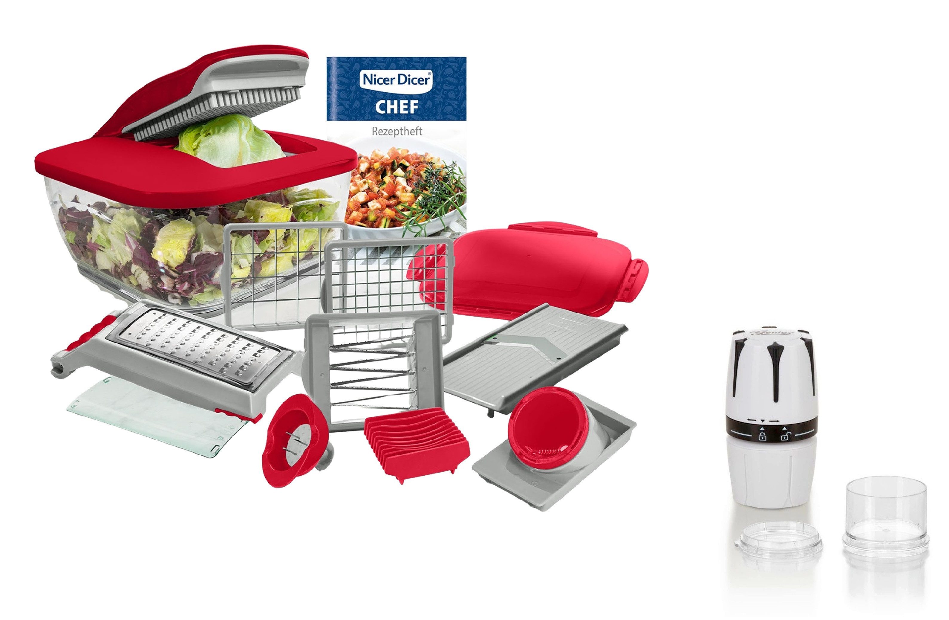 Genius Küchenreibe Genius Gemüseschneider Gemüsehobel Nicer Dicer Chef 16 tlg. Rot + G10, Edelstahl, Kunststoff