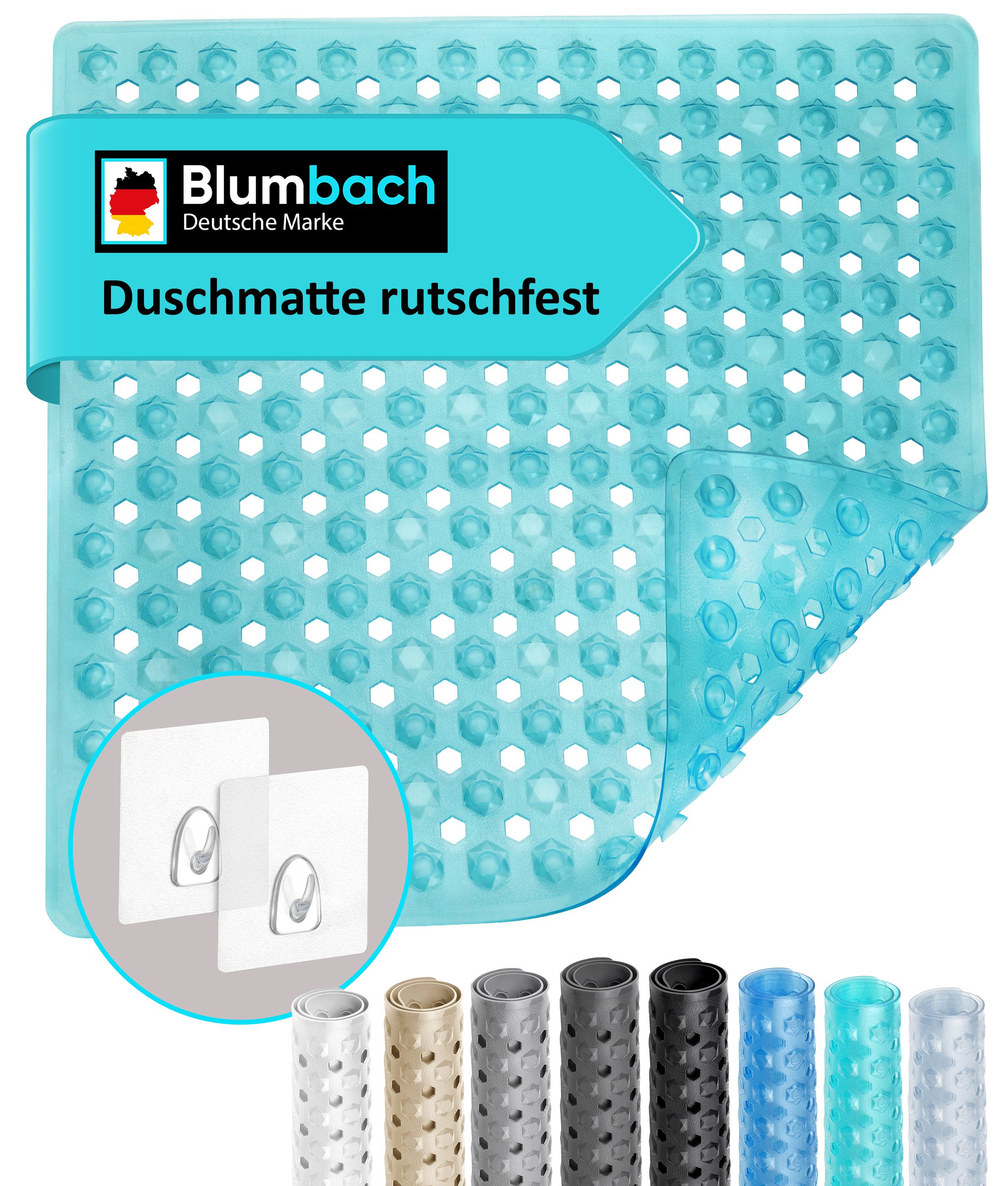 Blumbach Duschmatte - griffige Antirutschmatte Diamant 53 x 53 cm, - 100% BPA-frei, inkl. 2 Haken zum Aufhängen, Duscheinlage, schimmelressisten & maschinenwaschbar