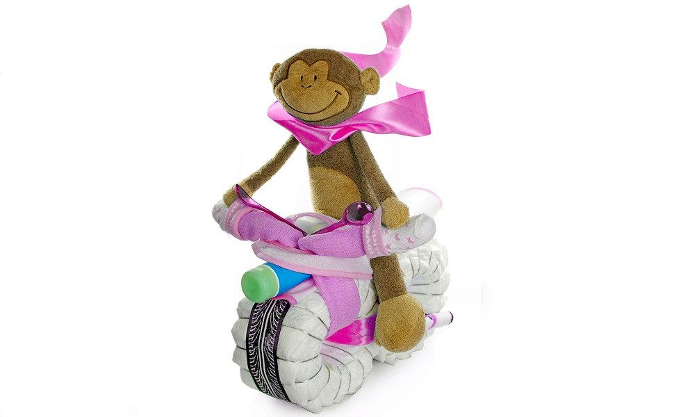 Neugeborenen-Geschenkset Windeltorte Motorrad Schlenkeraffe