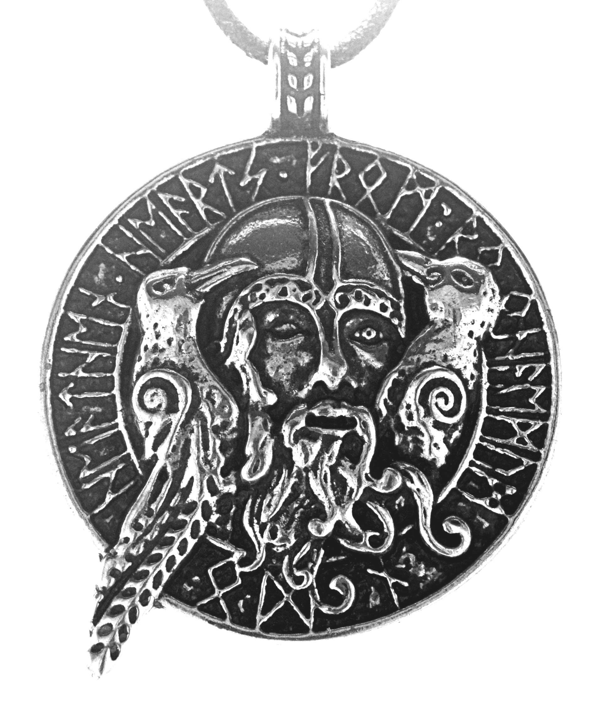 925 Gott Wotan mit Munin Leather Kettenanhänger Wikinger Silber Raben of Hugin Odinshorn Nr.294 Kiss Odin Anhänger