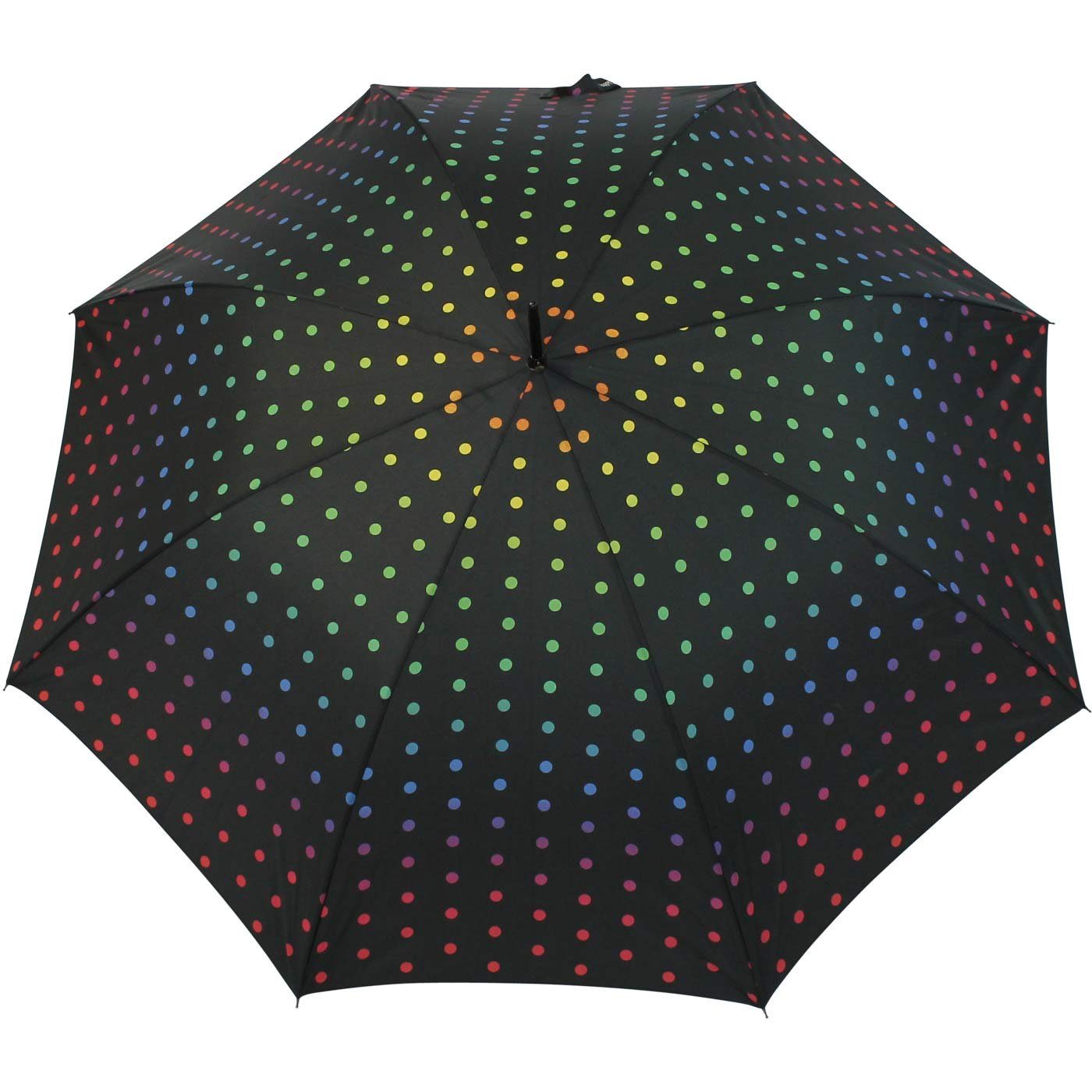 Auf-Automatik Langregenschirm Regenschirm RAIN Punkten auf Schwarz HAPPY für mit großer Damen, Regenbogen-farbenen mit
