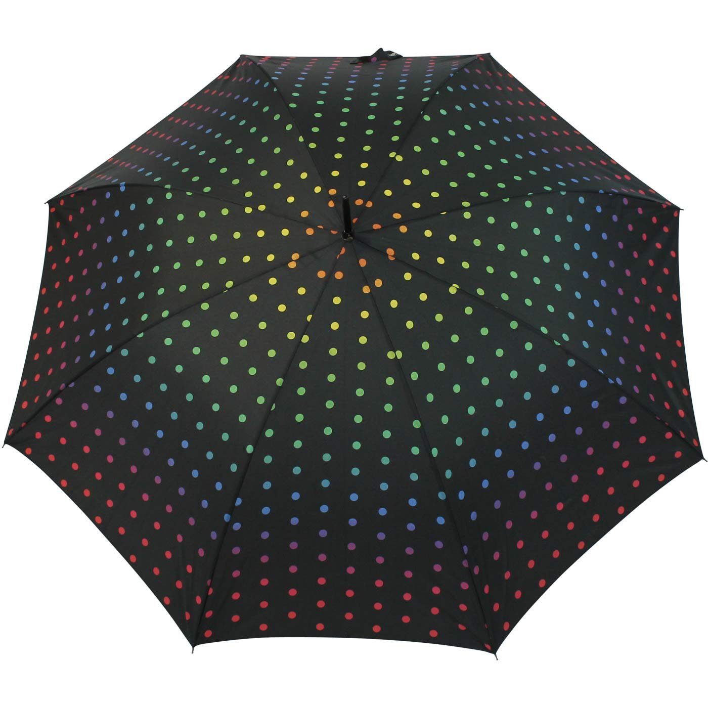 HAPPY RAIN Stockregenschirm großer Regenschirm mit Auf-Automatik für Damen, mit Regenbogen-farbenen Punkten auf Schwarz