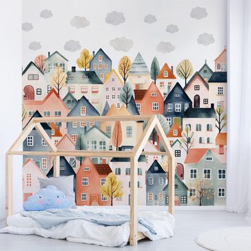 Bilderdepot24 Kindertapete Kleine Skandi Stadt Kinder Kunst blau moderne Wanddeko XXL, Glatt, Matt, (Inklusive Gratis-Kleister oder selbstklebend), Mädchenzimmer Jungenzimmer Babyzimmer Bildtapete Fototapete Wandtapete