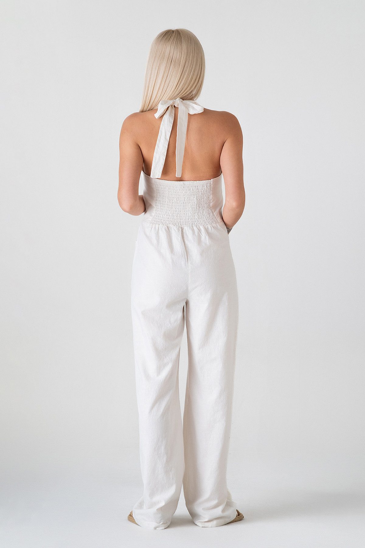 WENOR Overall Women's Jumpsuit Linen-Viscose with Buttons & Neck Tie Natural Fiber, Airy Summer Design