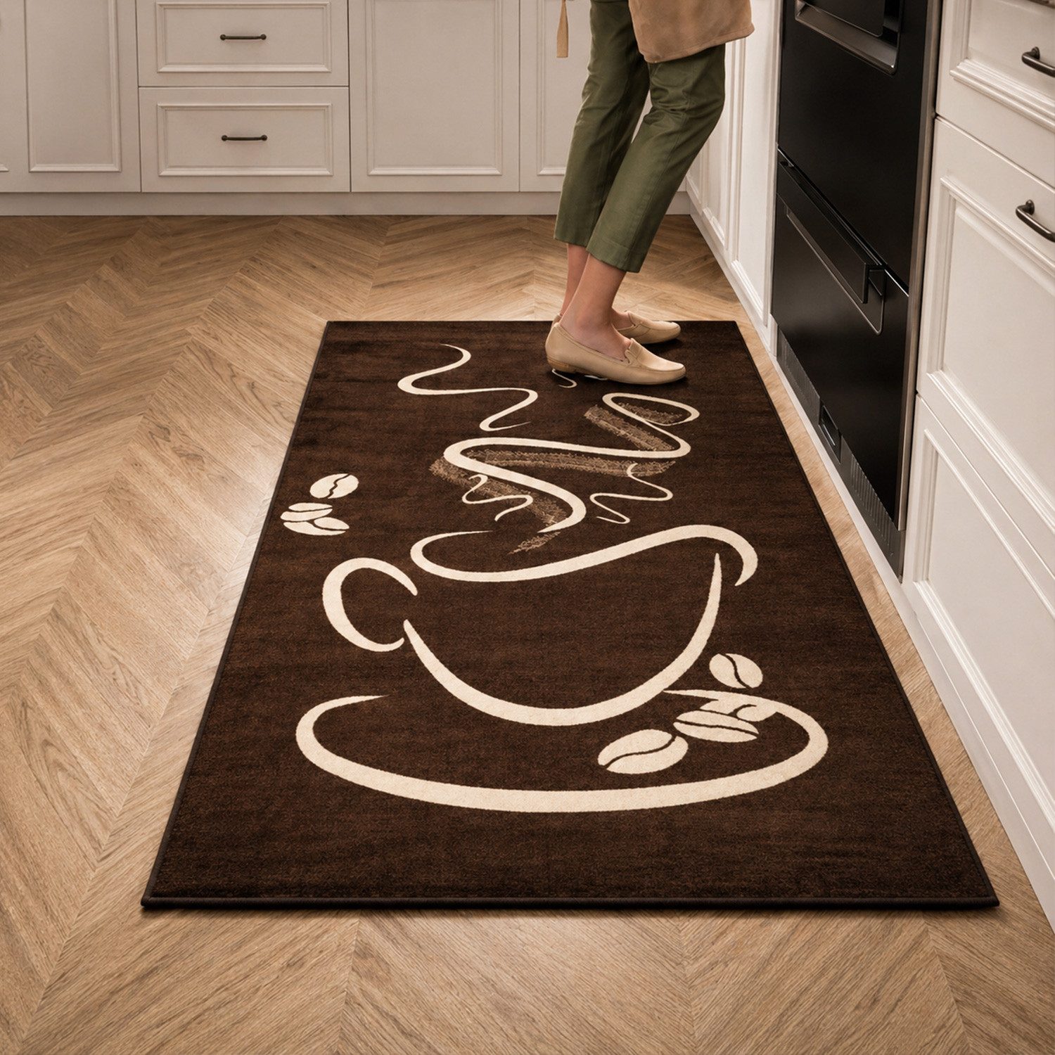 Vimoda Teppich Küchenteppich, Trendiger Kaffee Teppich in Schwarz, Grau & Braun, Rechteckig, Höhe: 5 mm, Küchenteppiche, Cappuccino, Kaffee, Tasse, Esszimmer, Küche