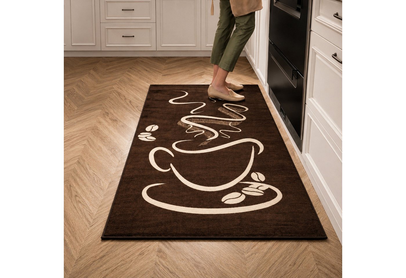 Vimoda Teppich Küchenteppich, Trendiger Kaffee Teppich in Schwarz, Grau & Braun, Rechteckig, Höhe: 5 mm, Küchenteppiche, Cappuccino, Kaffee, Tasse, Esszimmer, Küche