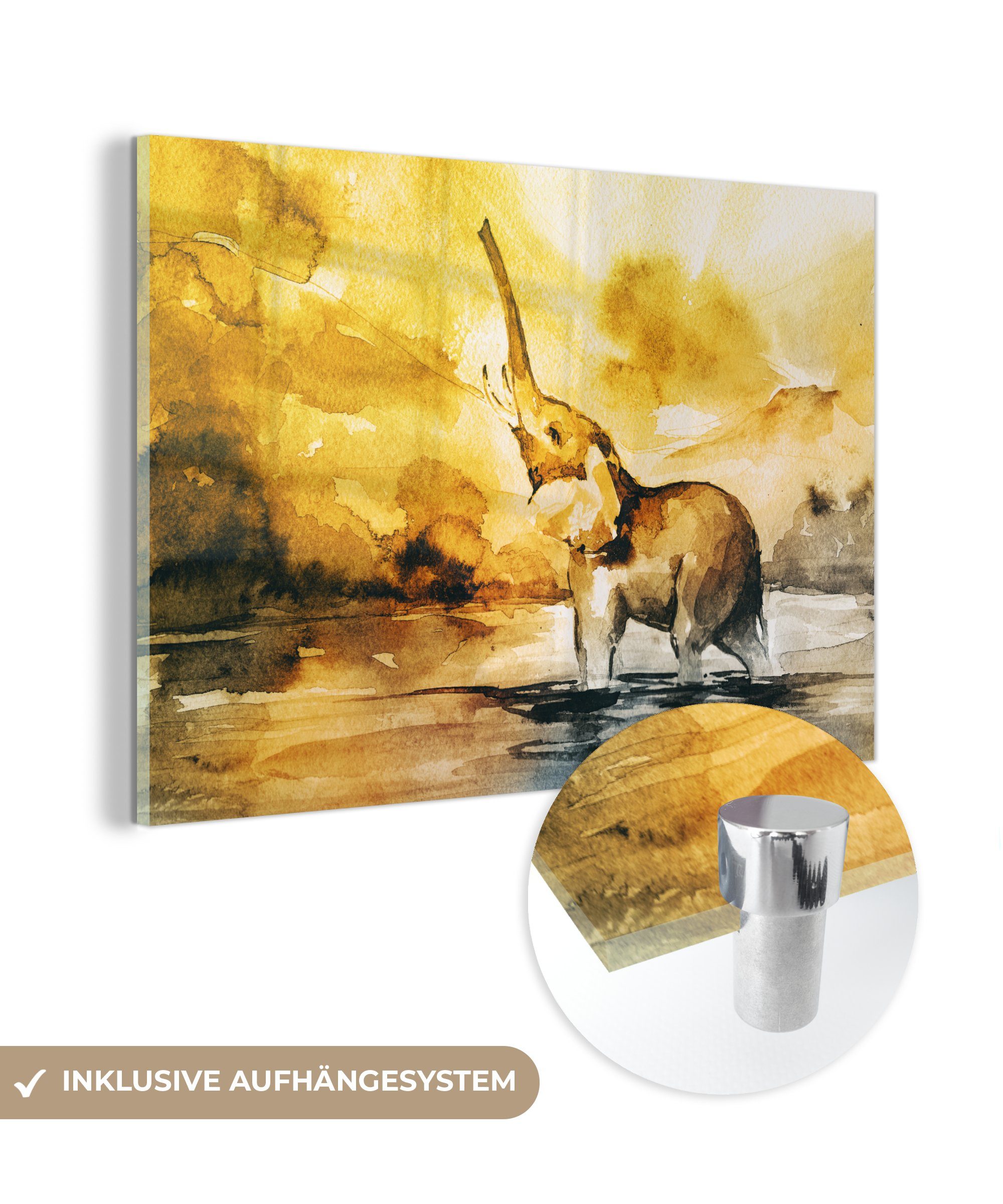 MuchoWow Acrylglasbild Elefant - Aquarellfarbe - Wasser, (1 St), Glasbilder - Bilder auf Glas Wandbild - Foto auf Glas - Wanddekoration