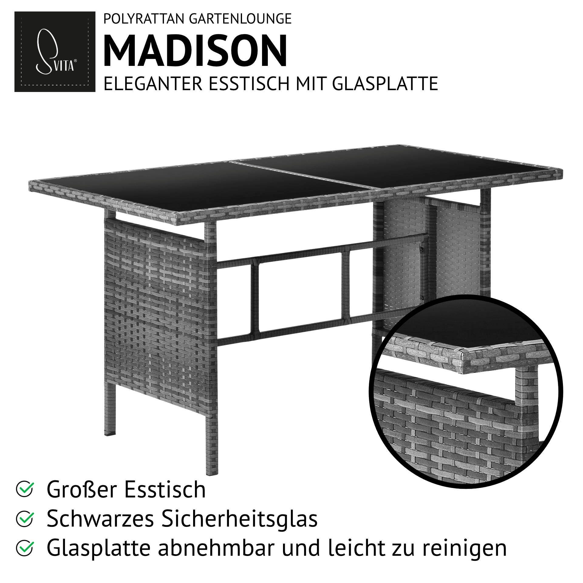 mit Lounge Grau | (Set, Grau MADISON, SVITA Tisch), Tisch Glasplatte 2-tlg., Sitzlounge, Eckbankgruppe mit Gartenlounge,