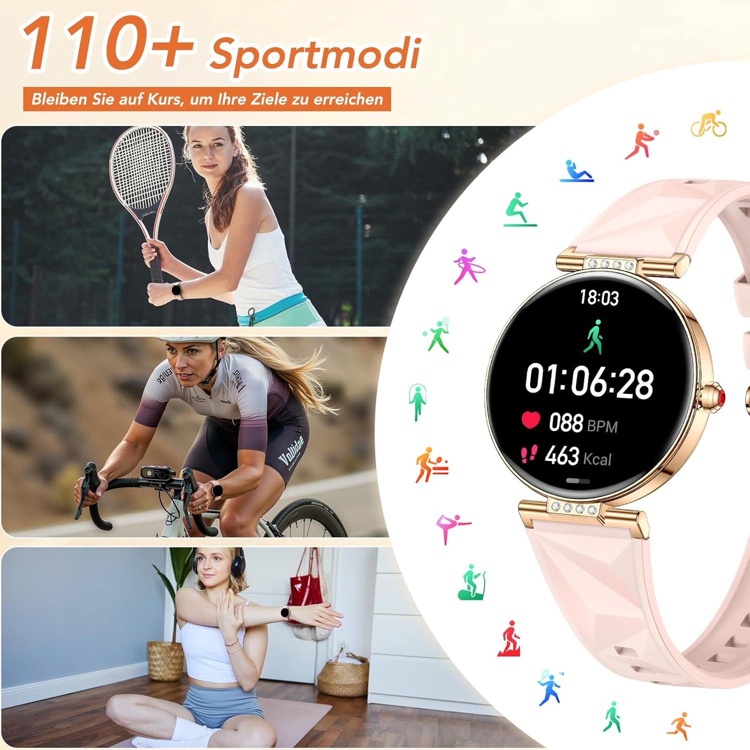 CIVO i226m Smartwatch (3,3 cm, android ios), Damen Smartwatch mit Edelstahl- und Silikonarmband, 1.32" Display