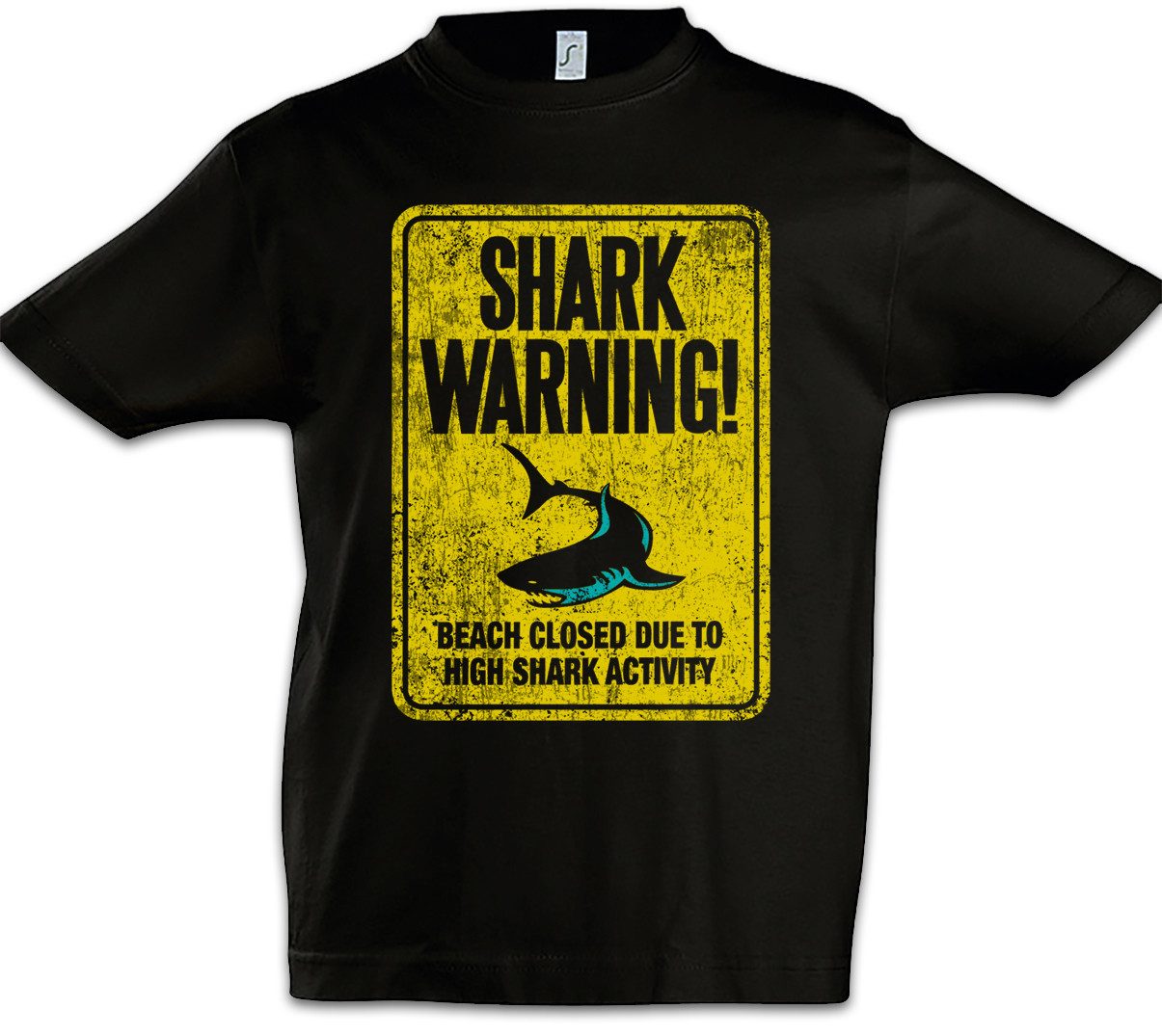 Urban Backwoods Print-Shirt Shark Warning Sign II Kinder T-Shirt Weißer Hai Surfer Surfing Diver (1-tlg) Taucher Strand Warnung Warnschild