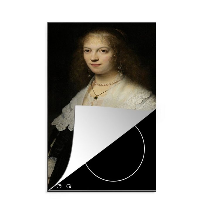 MuchoWow Herdblende-/Abdeckplatte Porträt einer Frau möglicherweise Maria Trip - Gemälde von Rembrandt Vinyl (1 tlg) Küchen Dekoration für Induktionsherd Induktionskochfeld