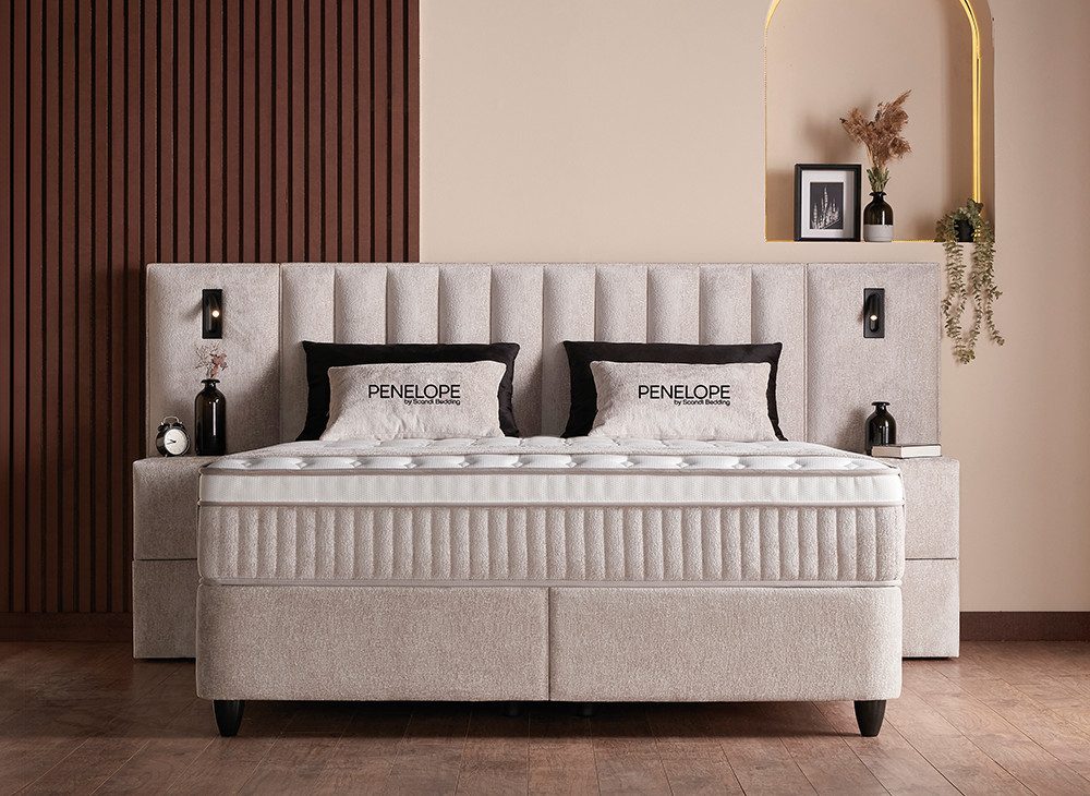 abc bedding Boxspringbett PENELOPE Premium Komfortbett - Doppelbett, Luxusbett in Beige (Voll-orthopädische Matratze), 180x200 cm Funktionsbett mit Bettkasten - Gasdruckfeder Mechanismus