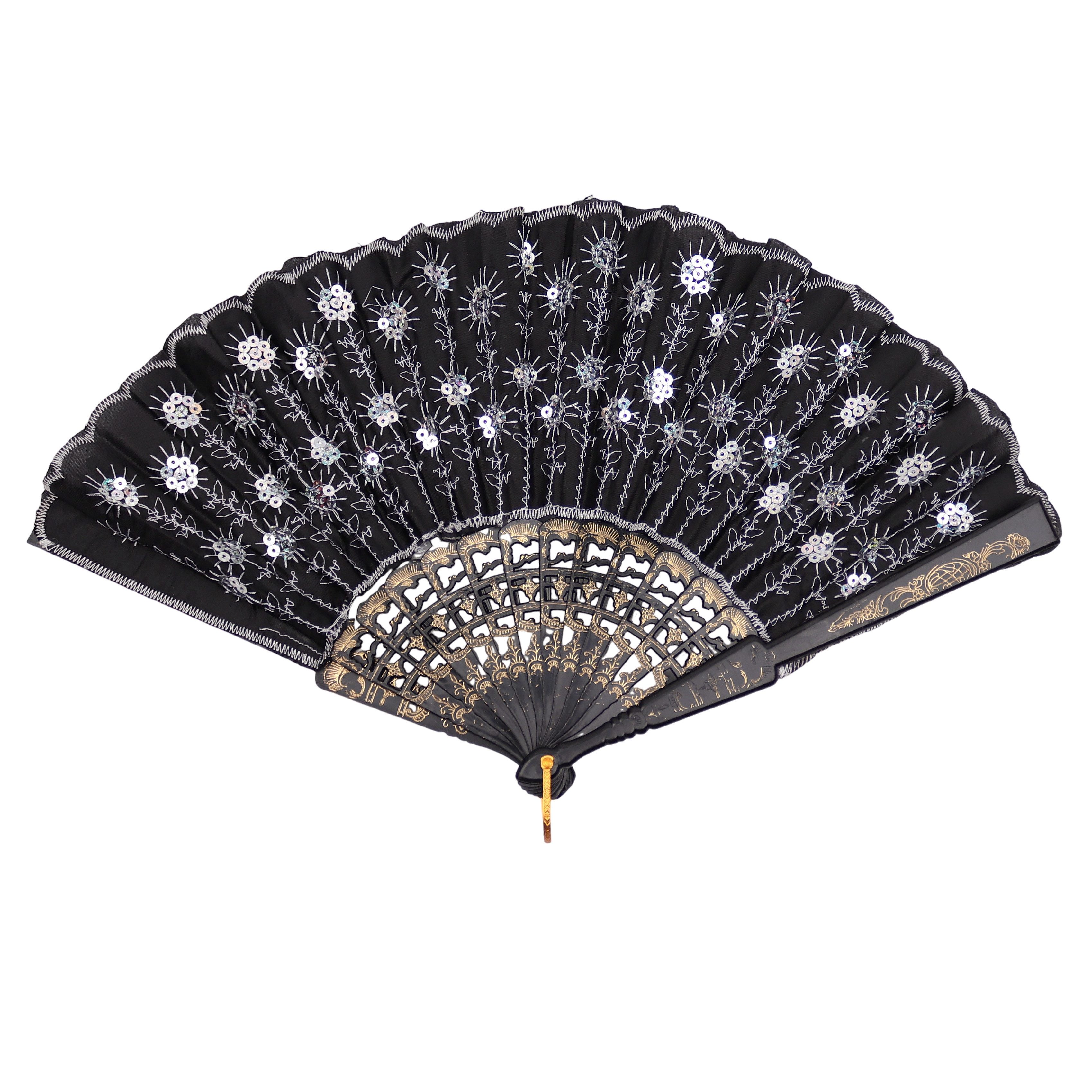 MIRROSI Handfächer Damen Fächer mit Pailletten, Klappfächer aus Stoff & Kunststoff, Faltfächer Party Hochzeit Flamenco Accessoire