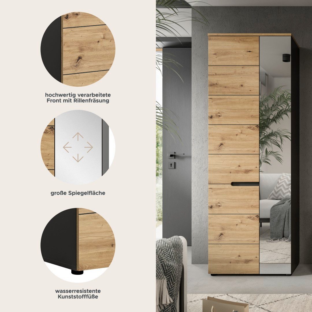 xonox.home Kleiderschrank Garderobenschrank Canu, grau / Artisan Eiche Spiegeltür