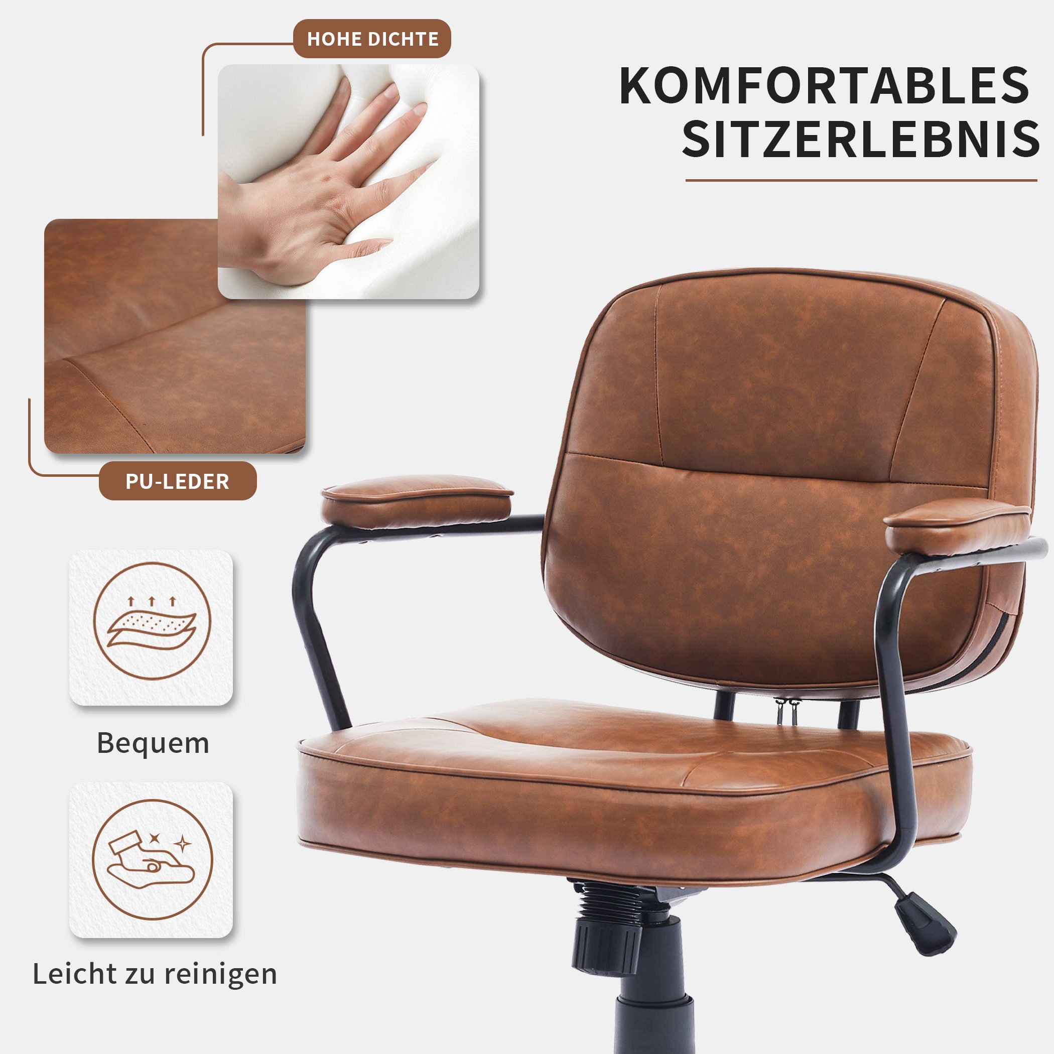 SeedWave Bürostuhl mit Wippfunktion PU-Leder Drehstuhl Gepolstert im modernen Retro-Stil, Höhenverstellbarer Schreibtischstuhl für Home Office – Bild 5 von 5