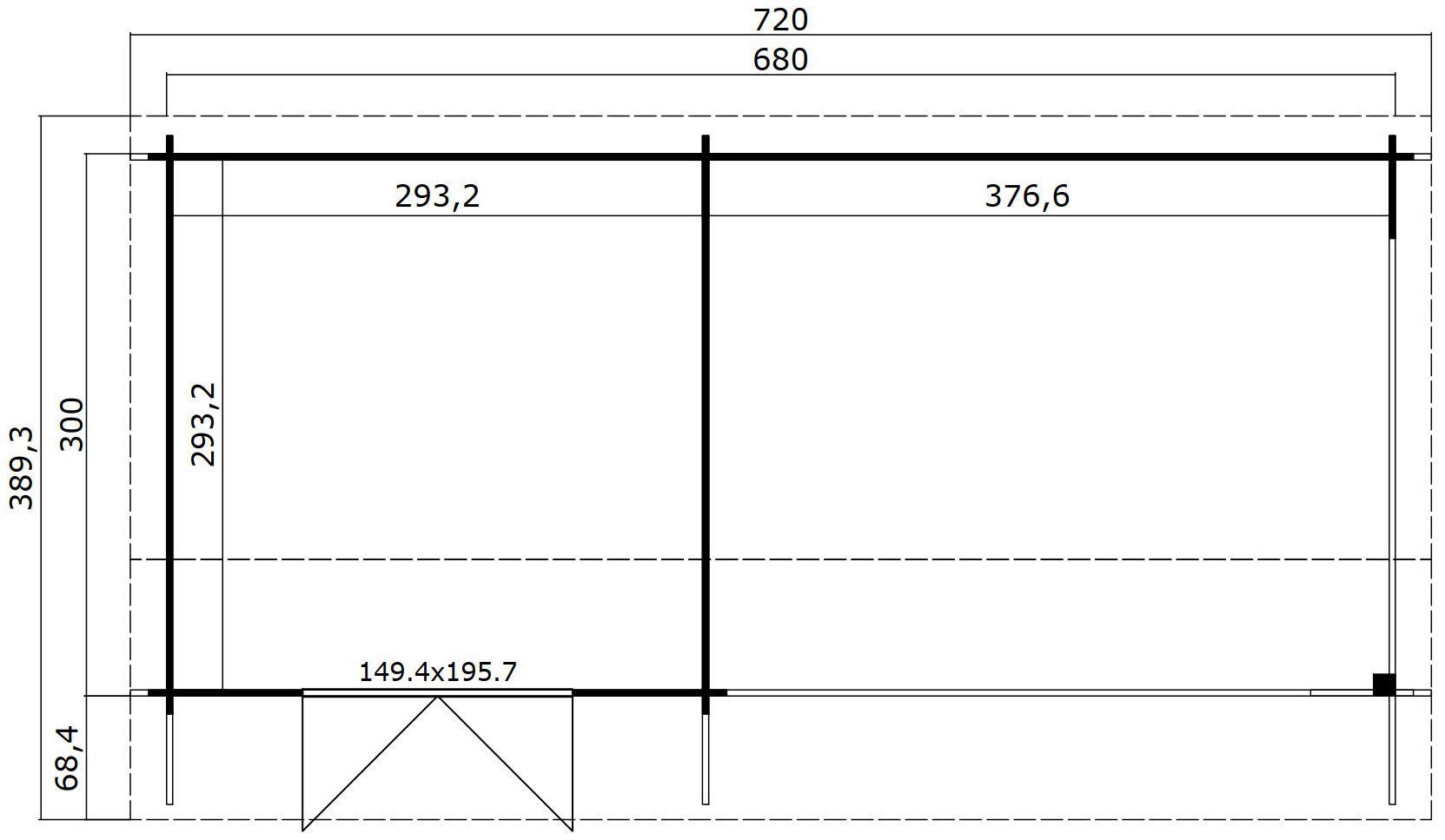 Blochbohlenhaus 700x389 (Set), MAJA Lichtgrau Fundamentmass York, 34mm, cm, LASITA New BxT: Gartenhaus 3000x3000+3800,