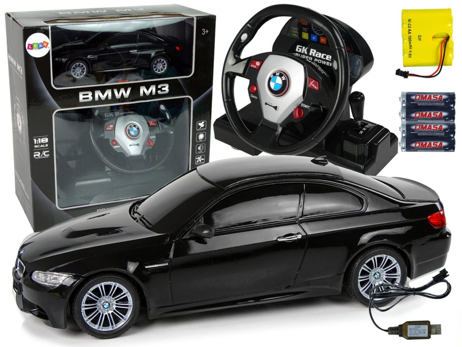 Wisam RC-Auto Ferngesteuertes BMW M3 Schwarz 2.4G Pilot Lenkrad 1:18 Sound Lights