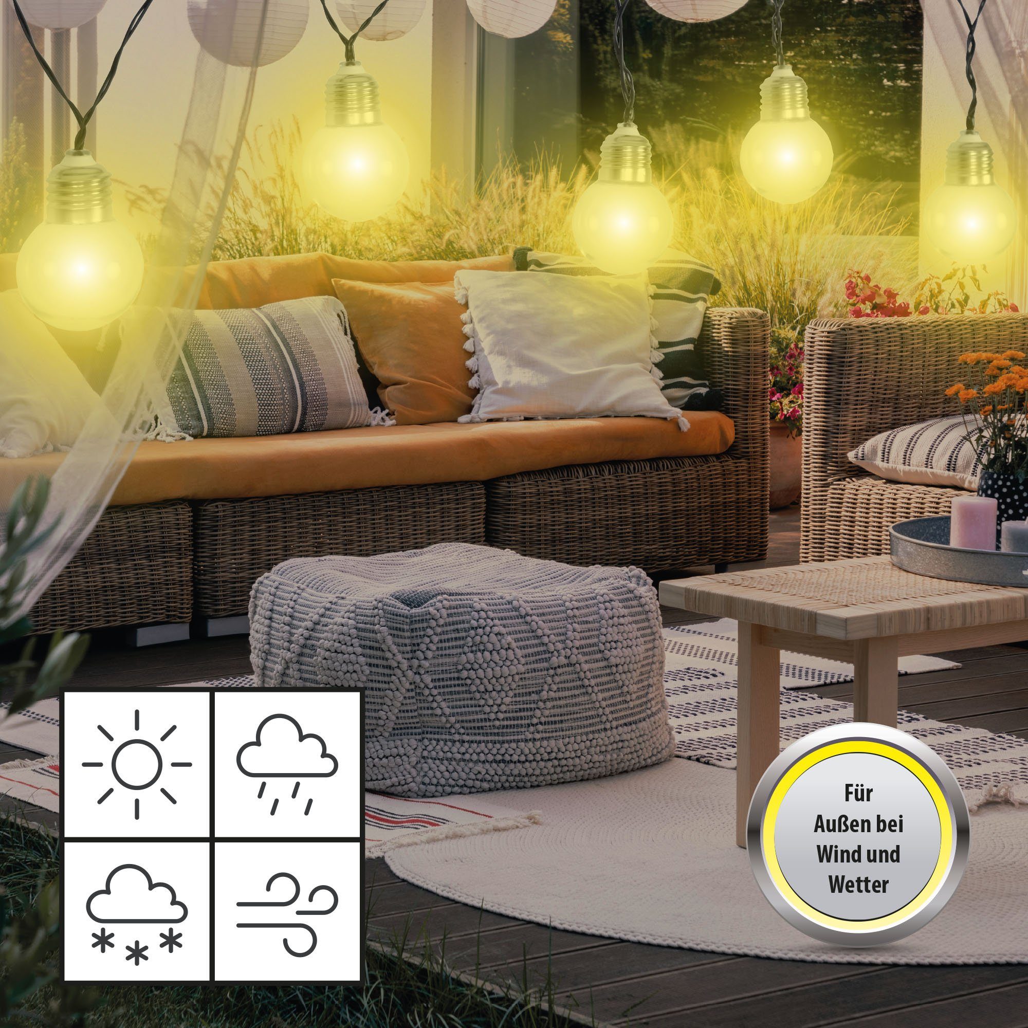 Bestlivings LED-Lichterkette Solar LK-47364, Glühbirnen Optik (10 Stück) 380cm, wetterbeständige, Solar-Gartenlicht
