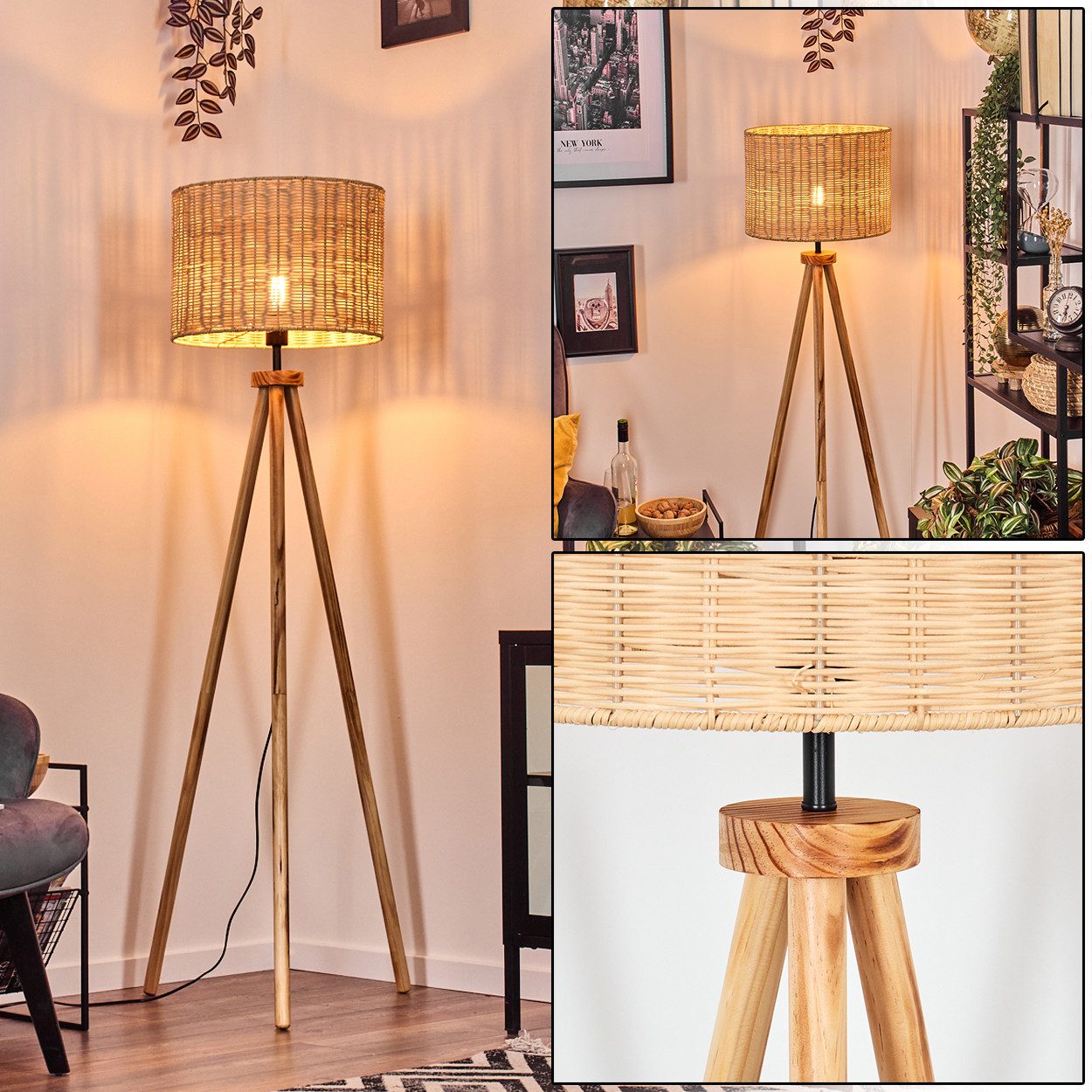 hofstein Stehlampe Stehlampe mit Holzfuß und Schirm aus Rattan, ohne Leuchtmittel, Boho-Style, skandinavisches Design (40 cm), Fußschalter, 1 x E27