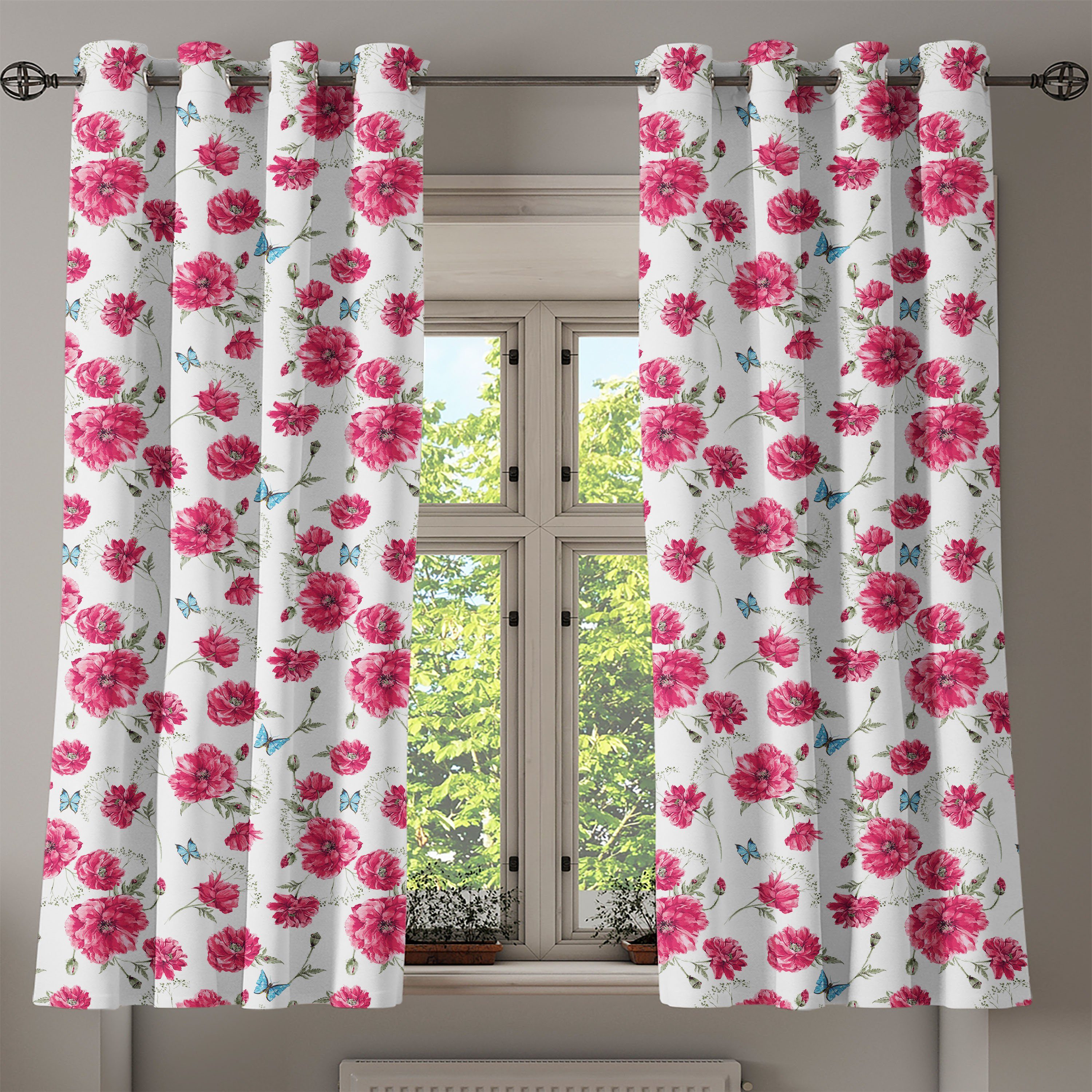Flora für Schlafzimmer Gardine Poppy Abakuhaus, Wohnzimmer, Blüten Schmetterling 2-Panel-Fenstervorhänge Dekorative