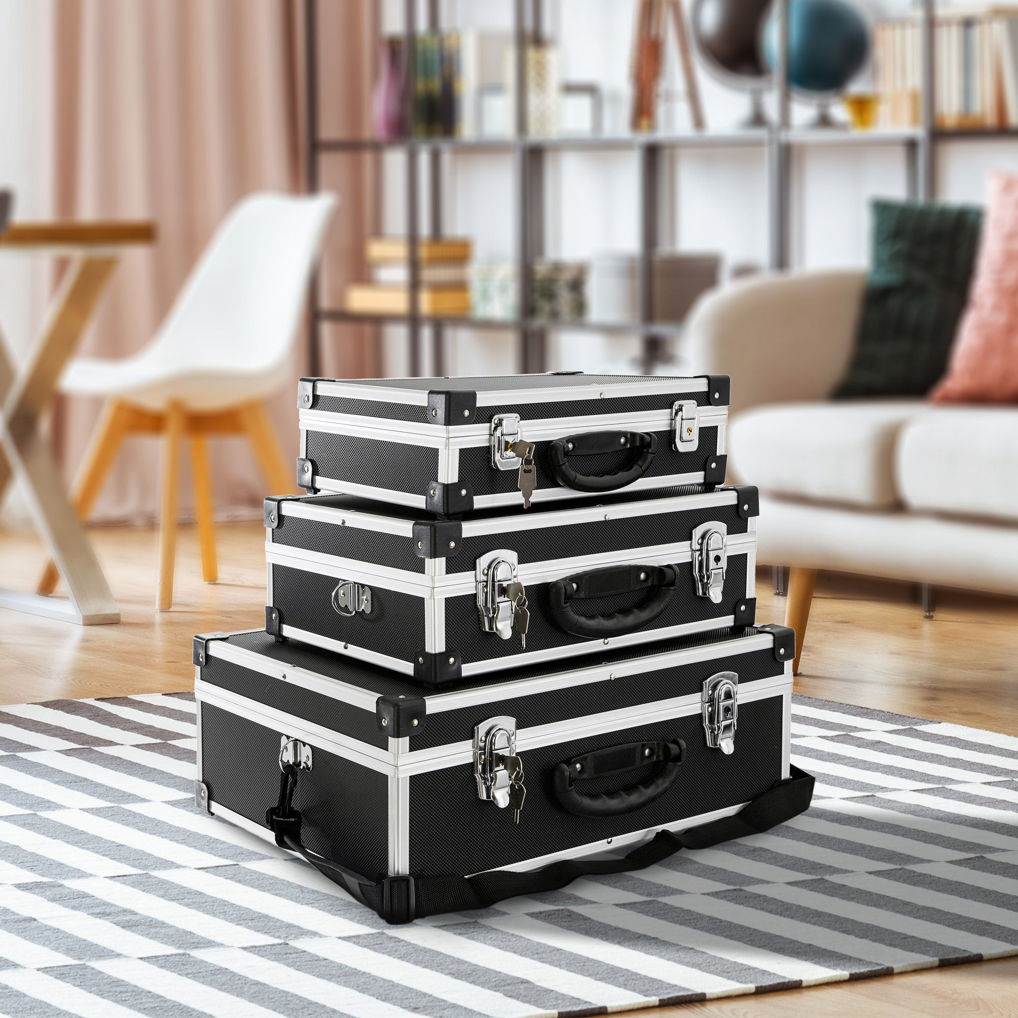 Arebos Werkzeugbox 3er Set Transportkoffer, abschließbar, Tragbar (3 St., Aluboxen klein schwarz)