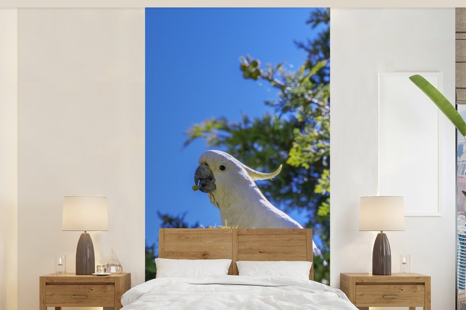 (2 Baum, Schlafzimmer Fototapete Küche, St), Wohnzimmer Kakadu Weißer in Fototapete bedruckt, grünen einem Vliestapete MuchoWow Matt, für