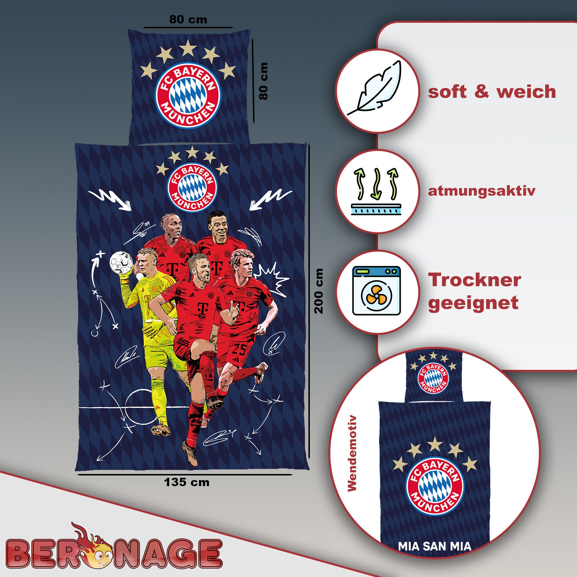 BERONAGE Kinderbettwäsche FC Bayern München Bettwäsche Player 135x200cm / 8 günstig online kaufen