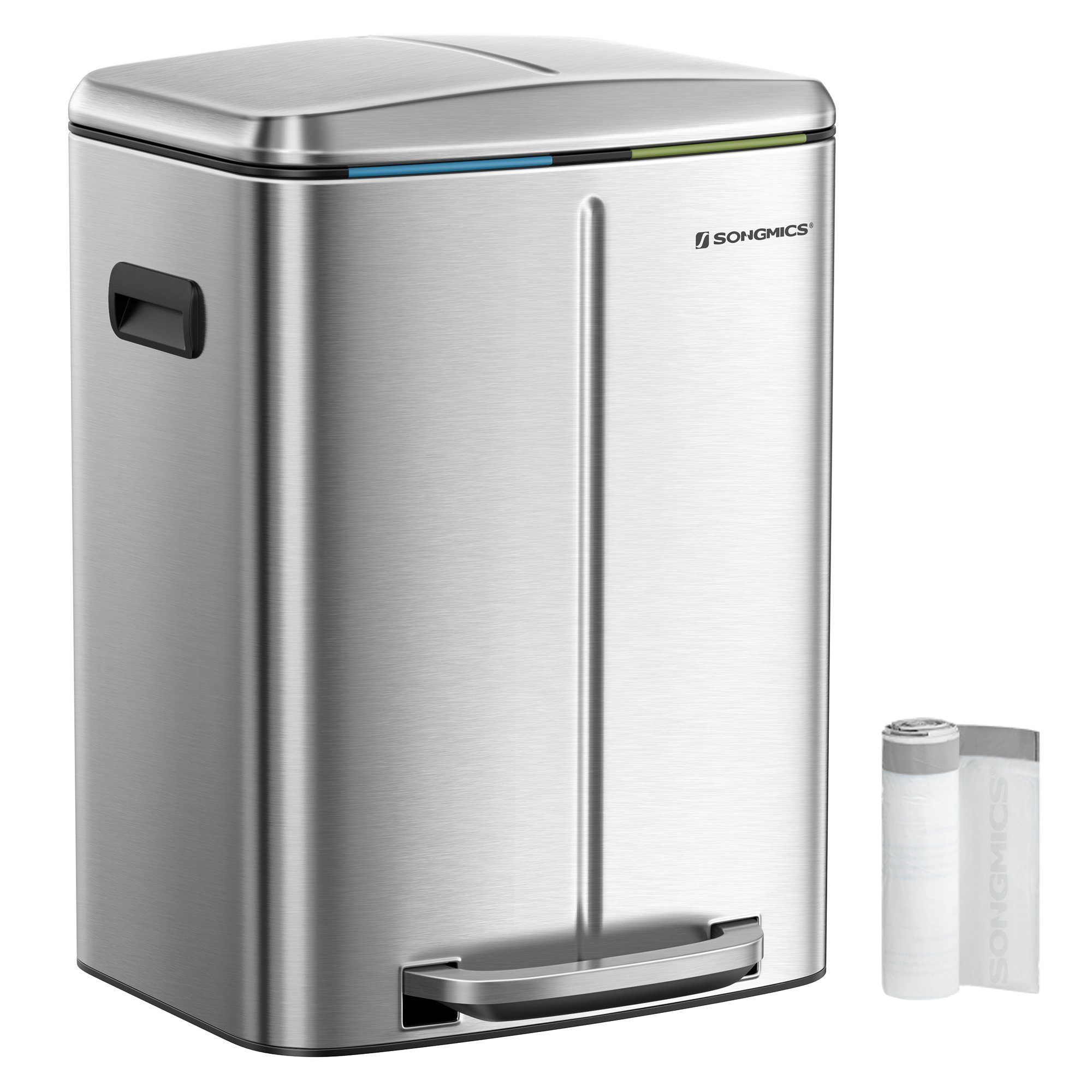 SONGMICS Mülleimer Küche, 2 x 20 L, Mülltrennsystem 2 Fächer, Treteimer, geruchsdicht, Abfalleimer Metall, Inneneimer aus Kunststoff, Softclose, silbern