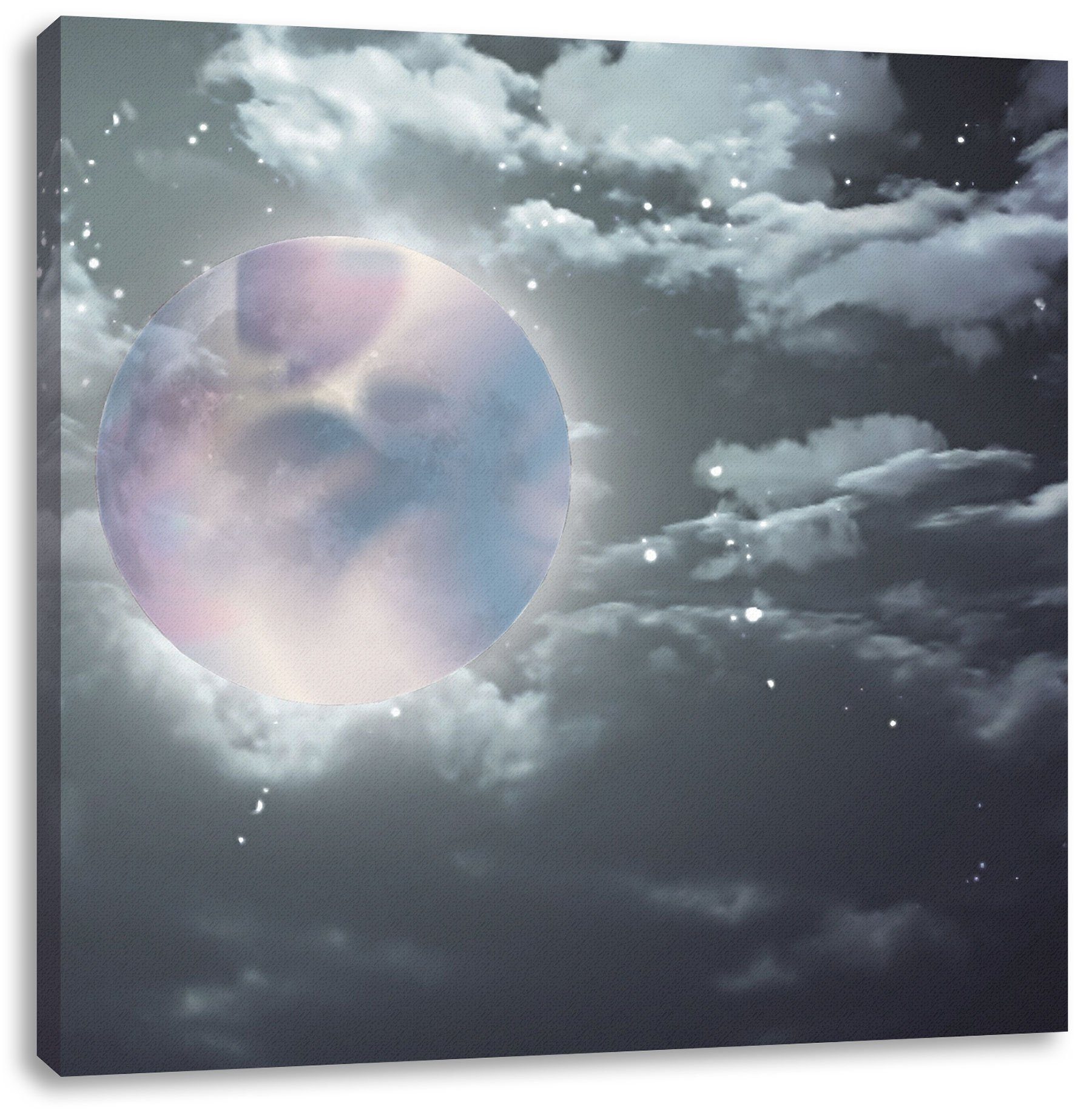 Pixxprint Leinwandbild Vollmond Sterne Wolken, Zackenaufhänger inkl. (1 Wolken fertig Leinwandbild Sterne St), bespannt, Vollmond