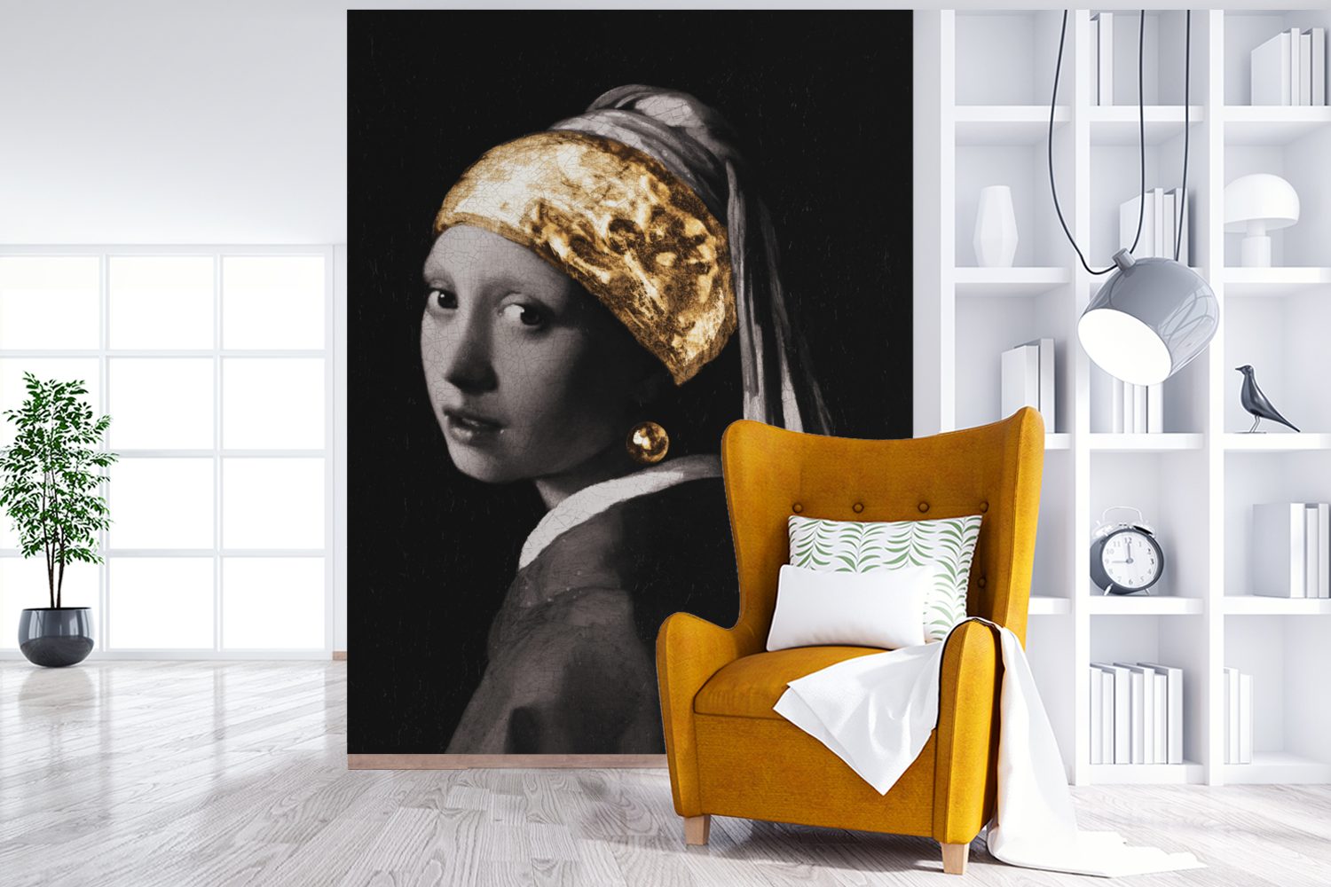 Wohnzimmer, - Montagefertig mit Matt, Perlenohrring (4 einem für Vinyl St), Vermeer bedruckt, Wandtapete Gold, Fototapete Tapete - MuchoWow Mädchen