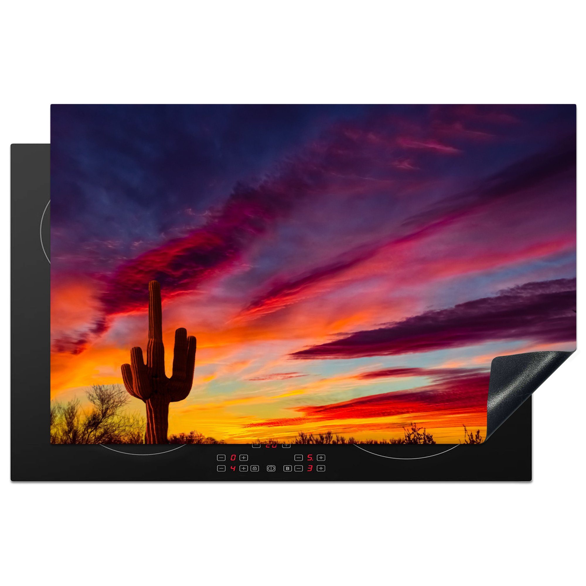 MuchoWow Herdblende-/Abdeckplatte Kaktus - Himmel - Sonnenuntergang - Lila - Rosa, Vinyl, (1 tlg), 81x52 cm, Induktionskochfeld Schutz für die küche, Ceranfeldabdeckung