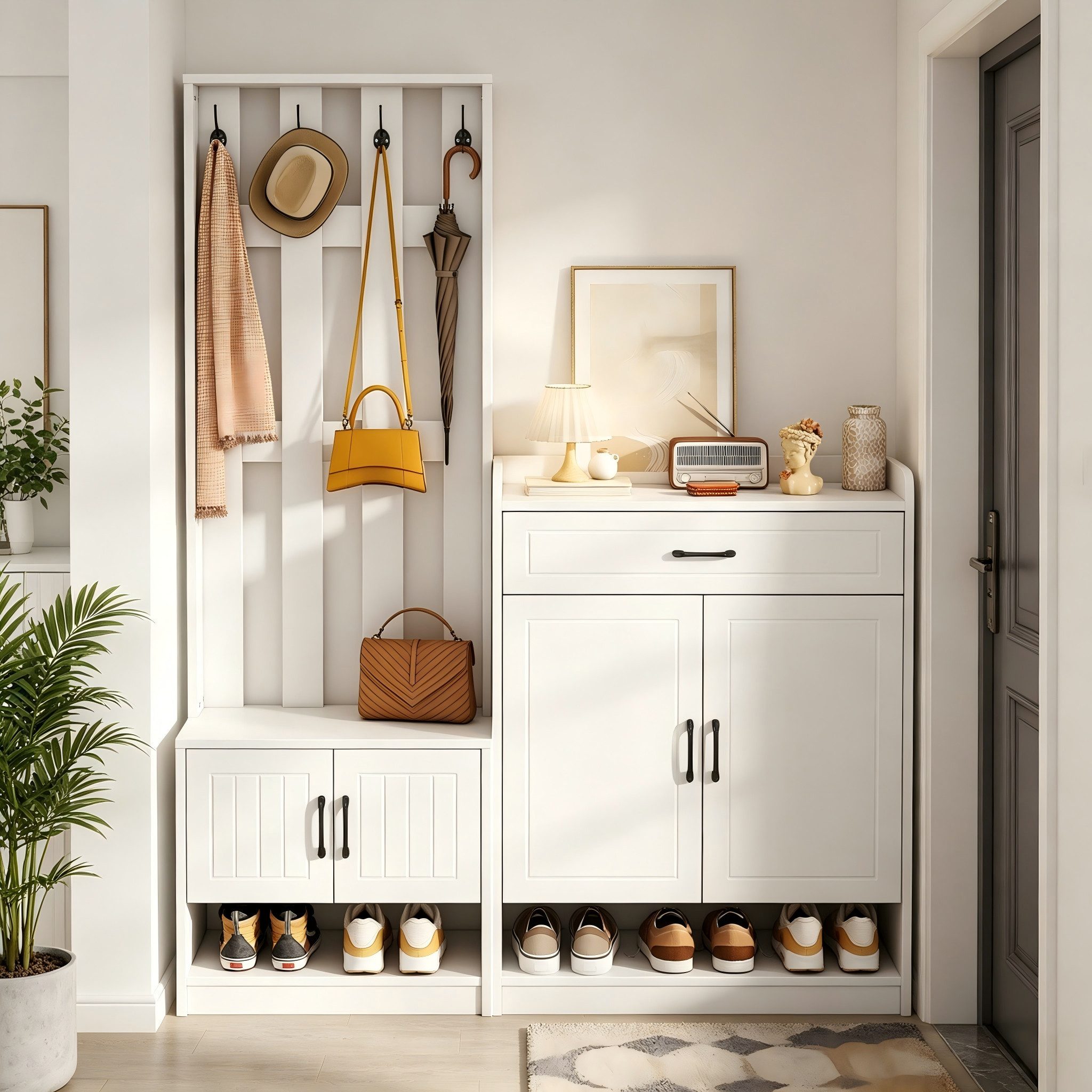 Merax Garderoben-Set mit Schuhschrank, Sitzbank und Garderobenpaneel, (140,6 x 30,5 x 180 cm, 1-St), Flurmöbel-Set Flurgarderobe mit 4 Haken, Schublade und Stauraum