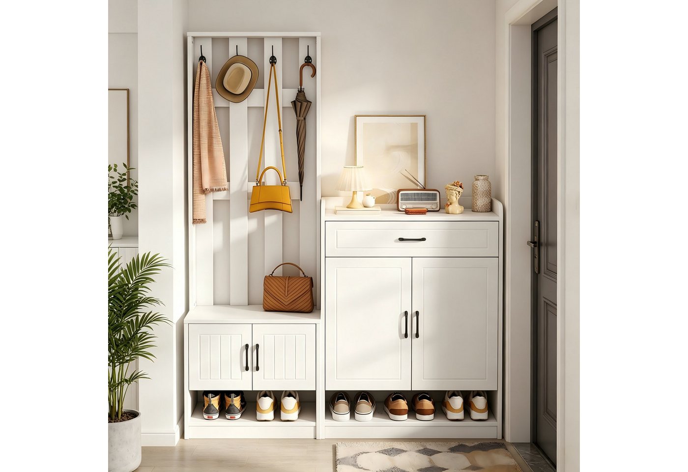 Merax Garderoben-Set mit Schuhschrank, Sitzbank und Garderobenpaneel, (140,6 x 30,5 x 180 cm, 1-St), Flurmöbel-Set Flurgarderobe mit 4 Haken, Schublade und Stauraum