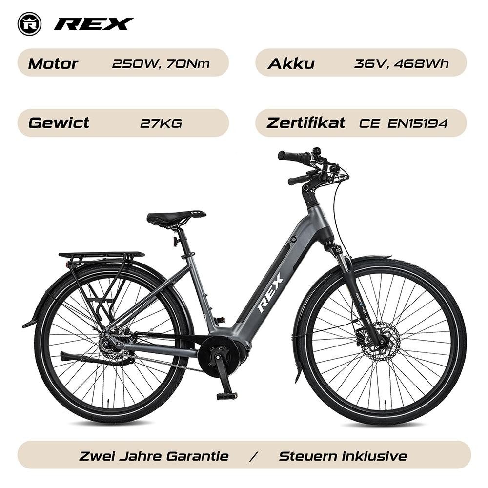 REX E-Bike Rex Commuter+,28 zoll, Cityrad, Pedelec mit 36V 13Ah Akku, 468Wh, SHIMANO, Ananda 250W Mittelmotor, (Bis 120 kg belastbar, mit Scheibenbremse, ca. 120 km Reichweite, für Damen u. Herren), MIK Racking System, Shimano Nexus 7-Gang-Nabenschaltung, Grau matt