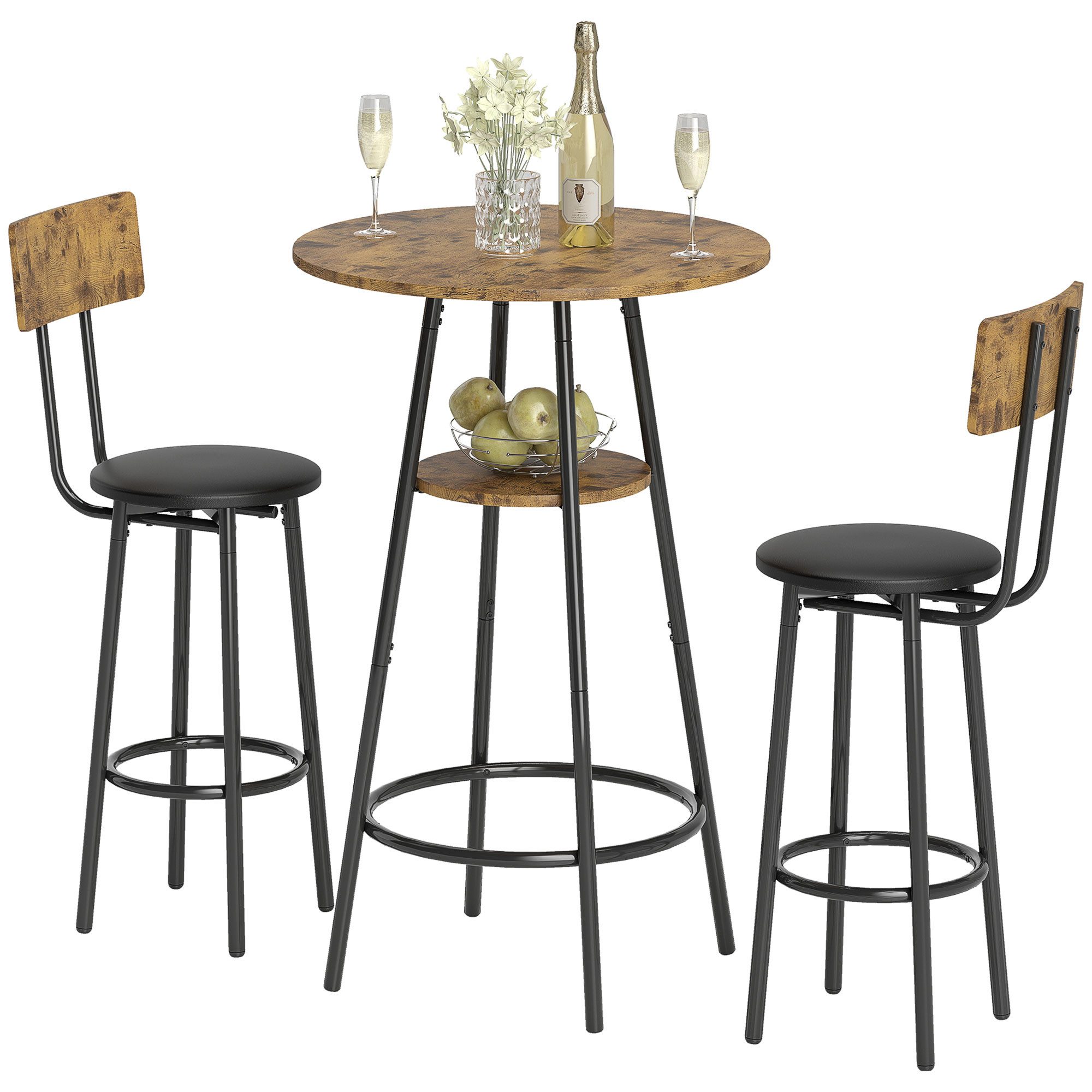 BlingBin Bargruppe Bartisch mit Barhocker-Set Esstisch mit 2 Gepolsterten Stühlen, (1er set, 3-tlg., 60cm x 60cm x 91cm), Industrial Bartisch Set Küchetisch mit Ablage für Esszimmer, Raum
